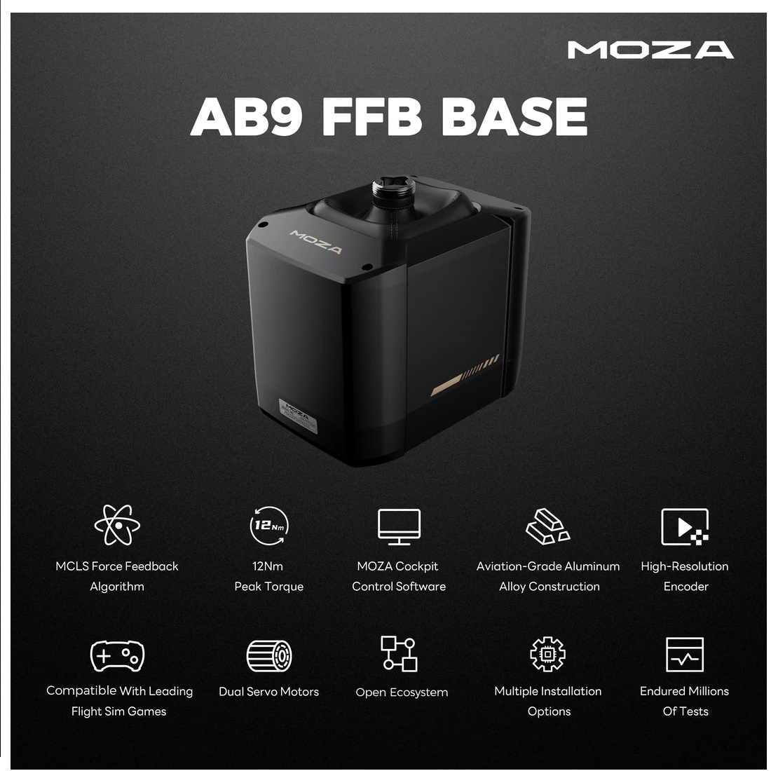 Eine schwarze MOZA AB9 FFB BASE mit Funktionen wie 12 Nm Drehmoment, Aluminium in Luftfahrtqualität und Kompatibilität mit Flugsimulationsspielen.