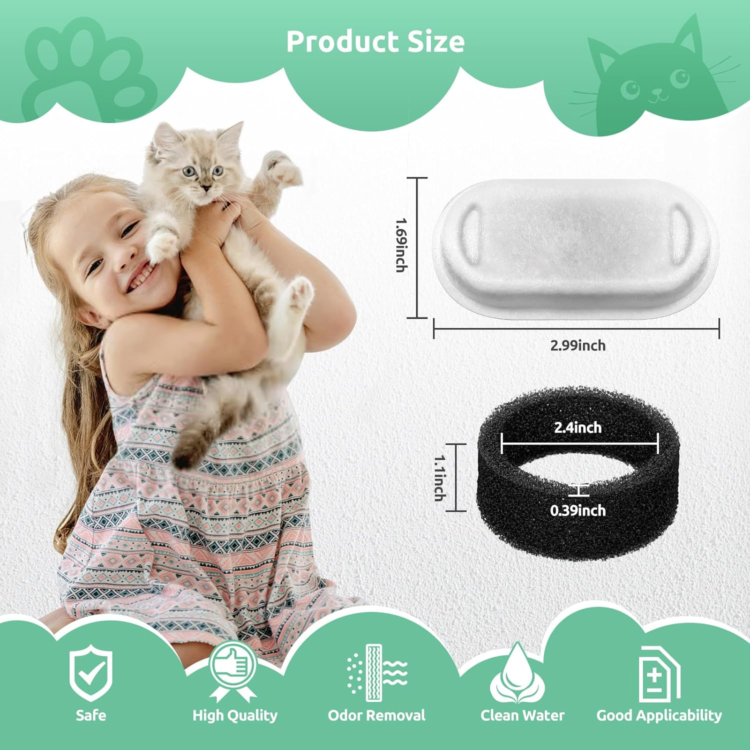 Ein Mädchen hält eine Katze. Produktgröße mit Messungen von Filter und schwarzem Schaumring. Symbole für sicher, hohe Qualität, Geruchsbeseitigung.
