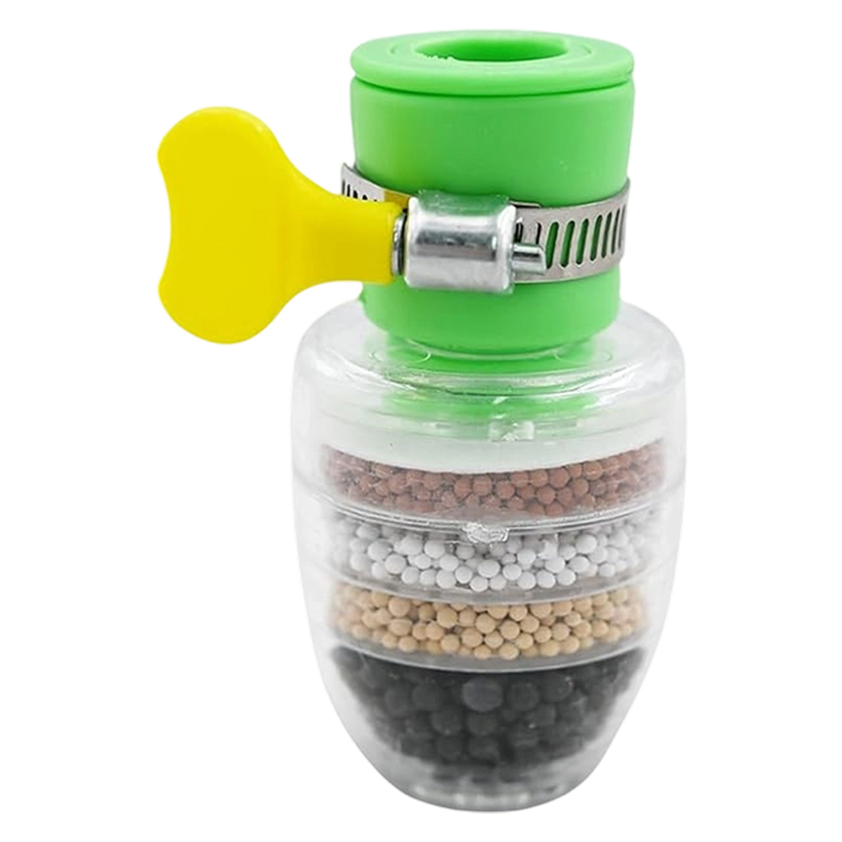 Ein Wasserfilter mit verschiedenen Materialschichten, grünem Oberteil und gelbem Griff.