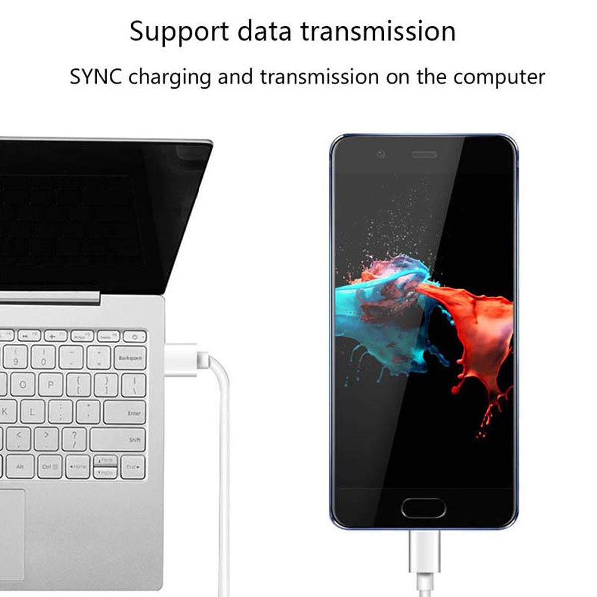 Ein Laptop und ein Smartphone sind über ein Kabel verbunden. Auf dem Telefon werden rote und blaue Farbspritzer angezeigt. Der Text oben lautet 'Support data transmission'.
