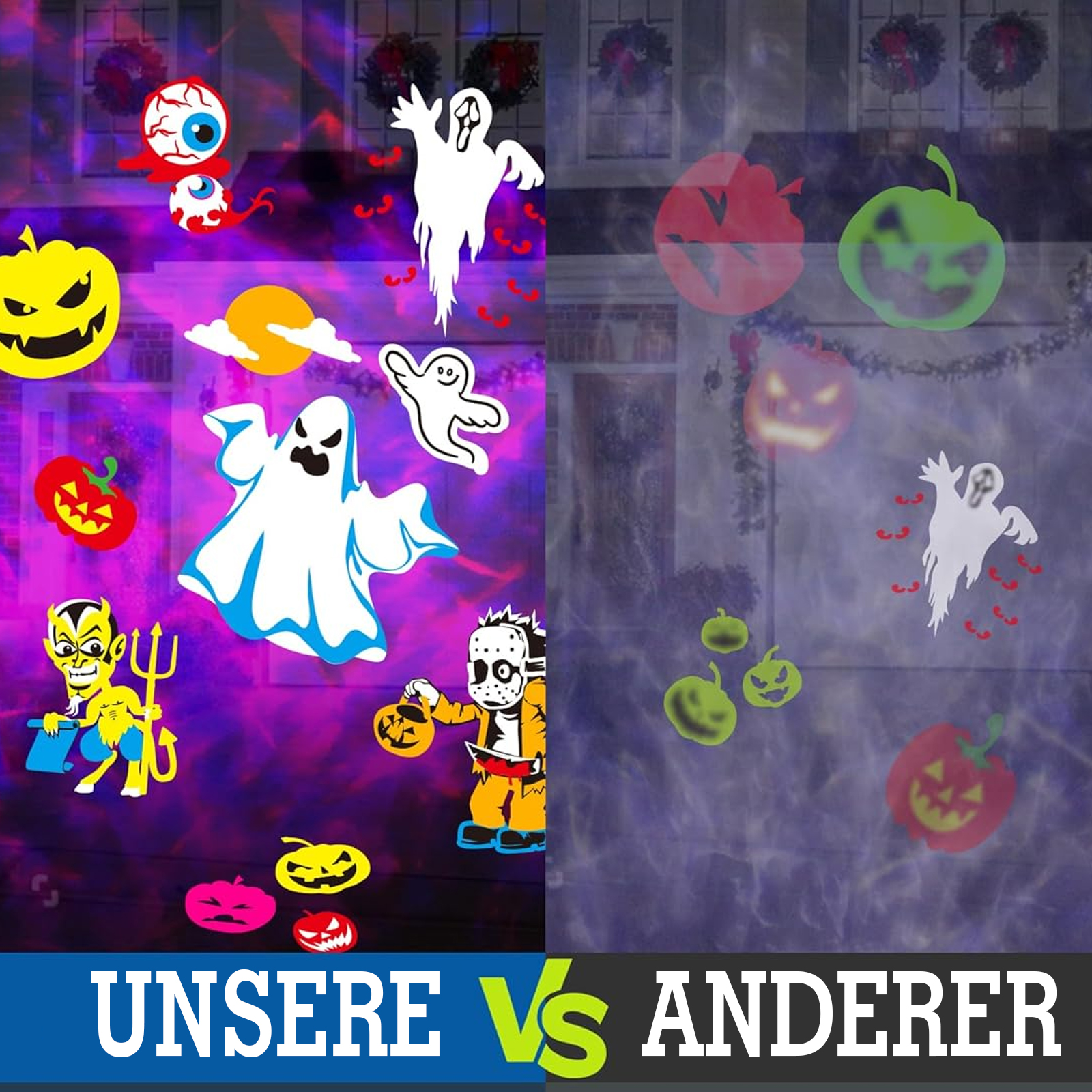 Halloween-Dekorationen an einem Gebäude. Enthält Kürbisse, Geister und Charaktere. Lila und blauer Hintergrund mit Text unten.