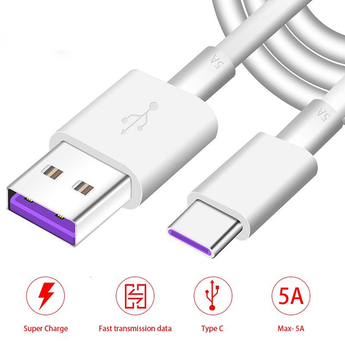 Ein weißes USB-Ladekabel mit USB-A- und USB-C-Anschlüssen. Symbole darunter zeigen Schnellladung, Datenübertragung, Typ C und 5A.