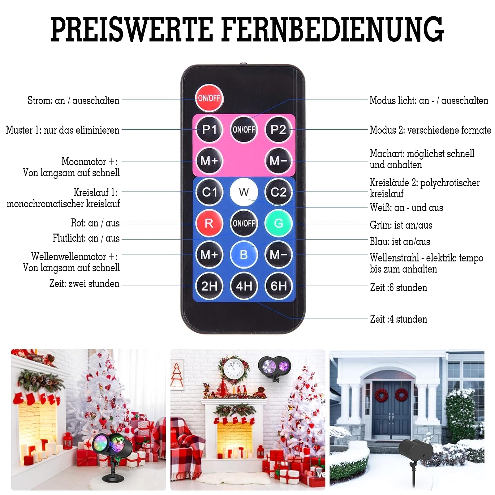 Fernbedienung mit Knöpfen und Weihnachtsprojektoren. Text auf Deutsch liefert Anweisungen und Funktionen.