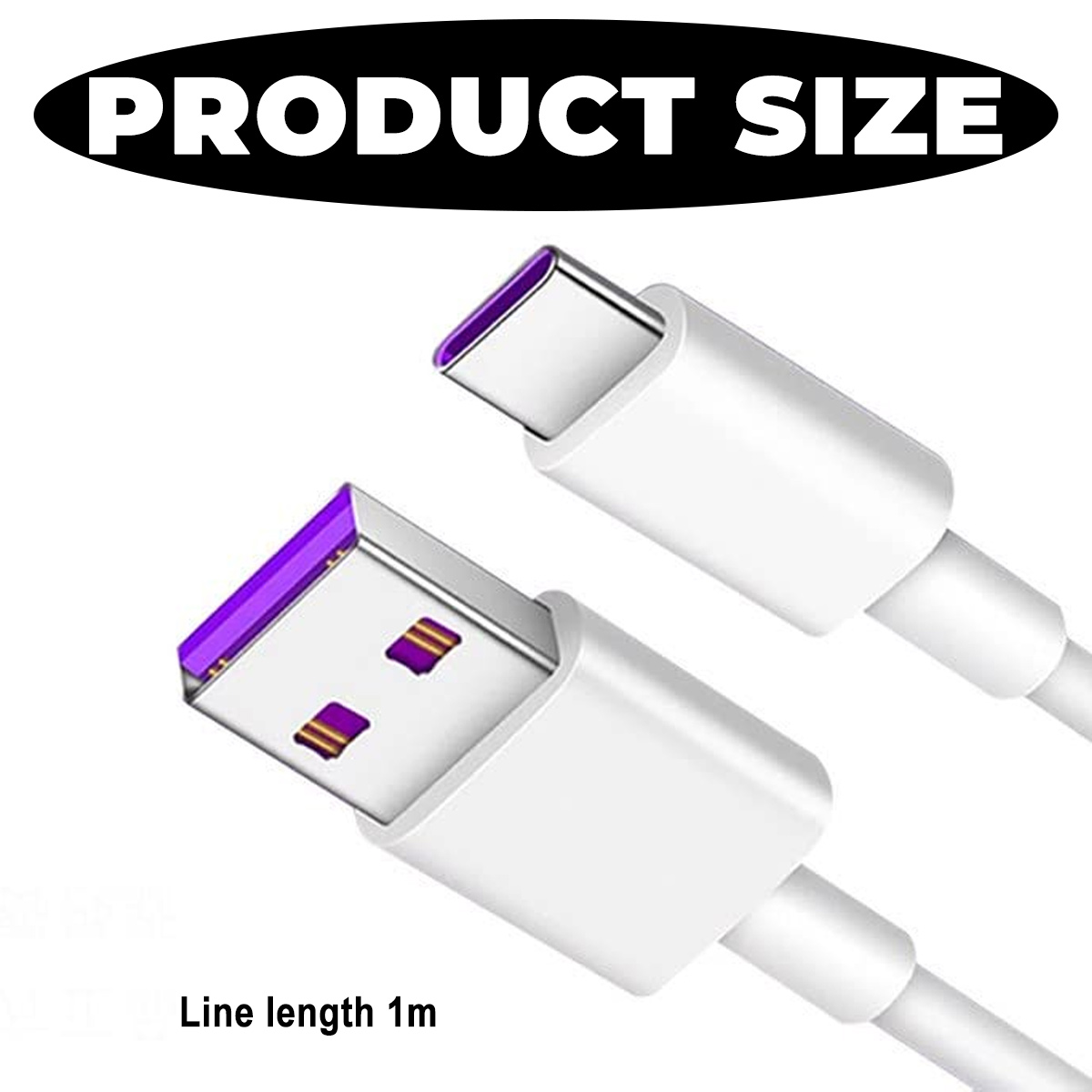 Weiße USB-Kabel mit lila und goldenen Steckern. Text PRODUKTGRÖSSE in einem schwarzen Oval. Text Leitungslänge 1m.