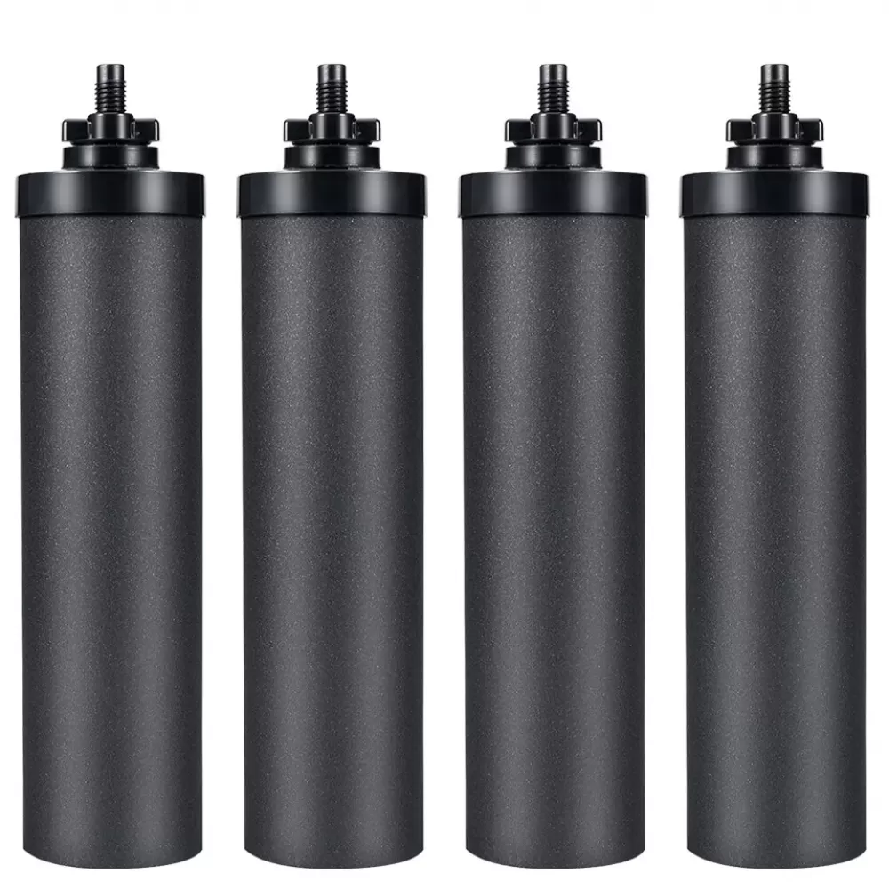 Vier schwarze Wasserfilter sind vertikal ausgerichtet. Jeder hat einen schwarzen Deckel mit Knopf und einen zylindrischen Körper.