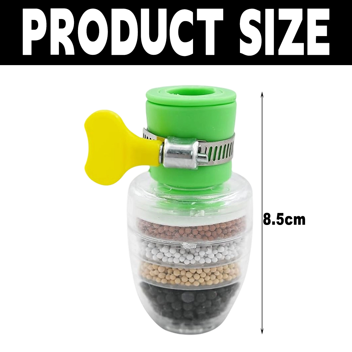 Ein grüner und klarer Wasserfilter mit gelbem Griff und mehreren Schichten Filtermaterial. Markiert mit '8,5 cm' und 'Produktgröße'.
