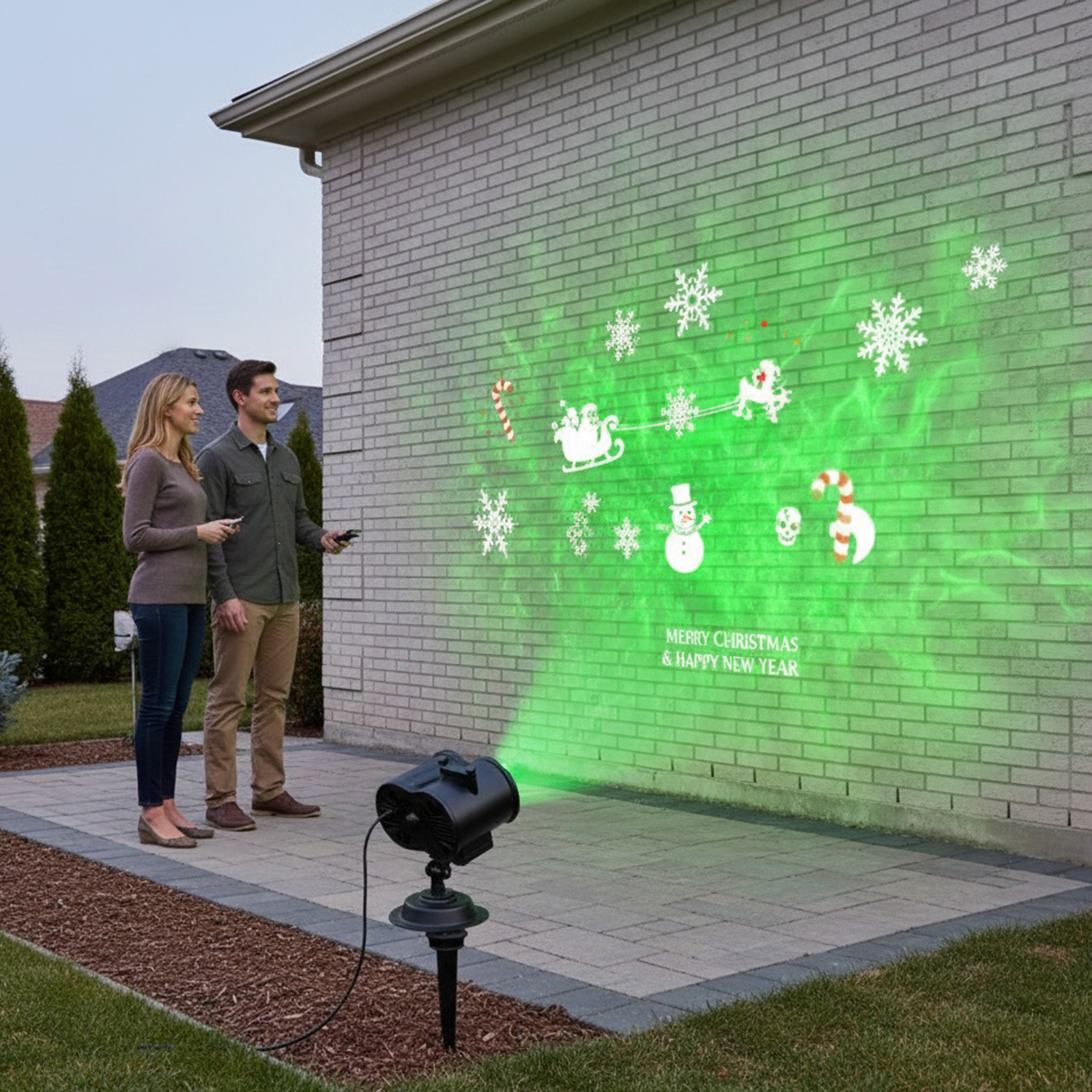 Ein Paar steht an einer Wand mit Weihnachtsprojektionen. Ein Projektor steht auf dem Boden. Grünes Licht projiziert Schneeflocken und den Weihnachtsmann.