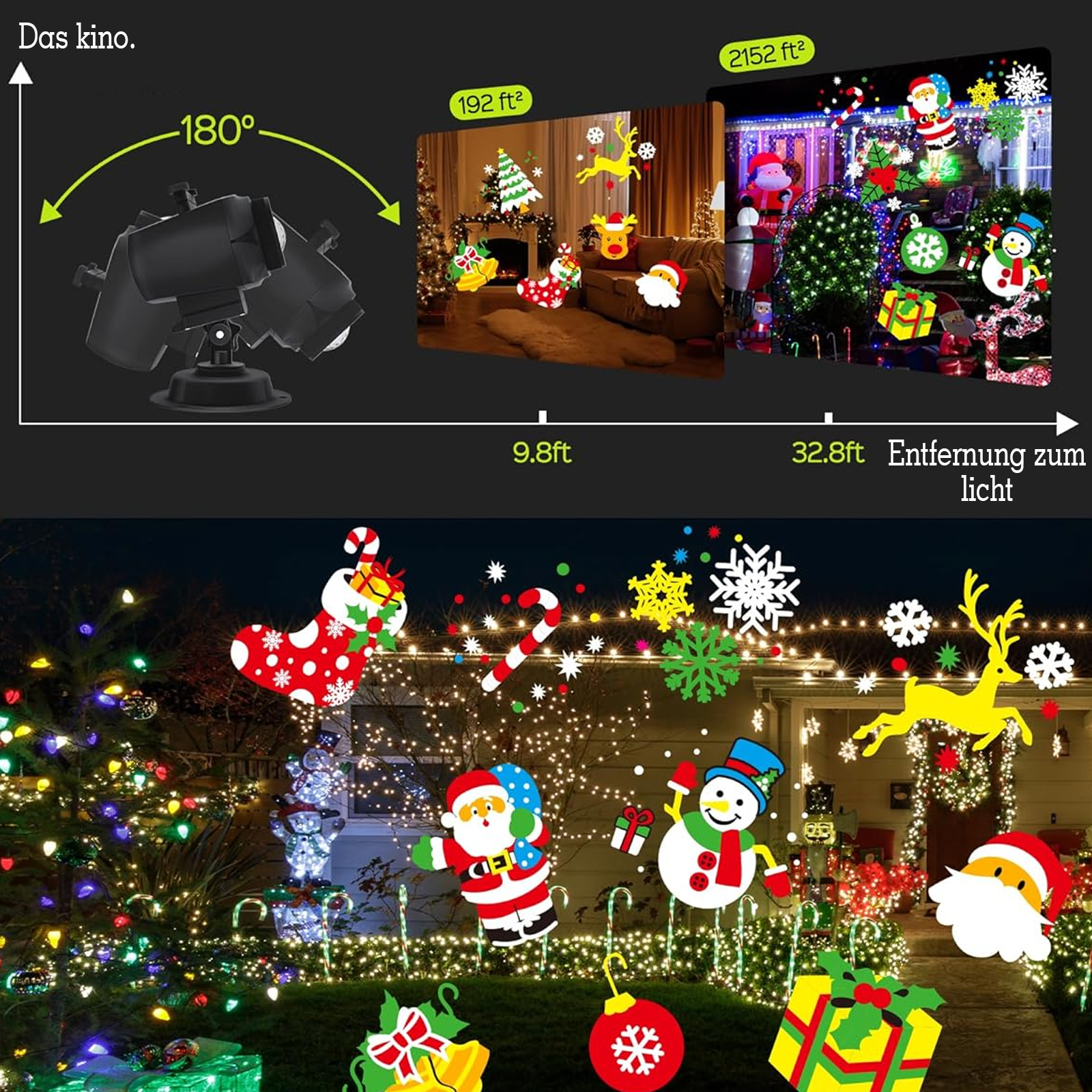 Weihnachtsdekorationen: Weihnachtsmann, Schneemann, Geschenke, Lichter und Projektionen. Festliche Szene mit einem Projektor und verschiedenen Elementen.