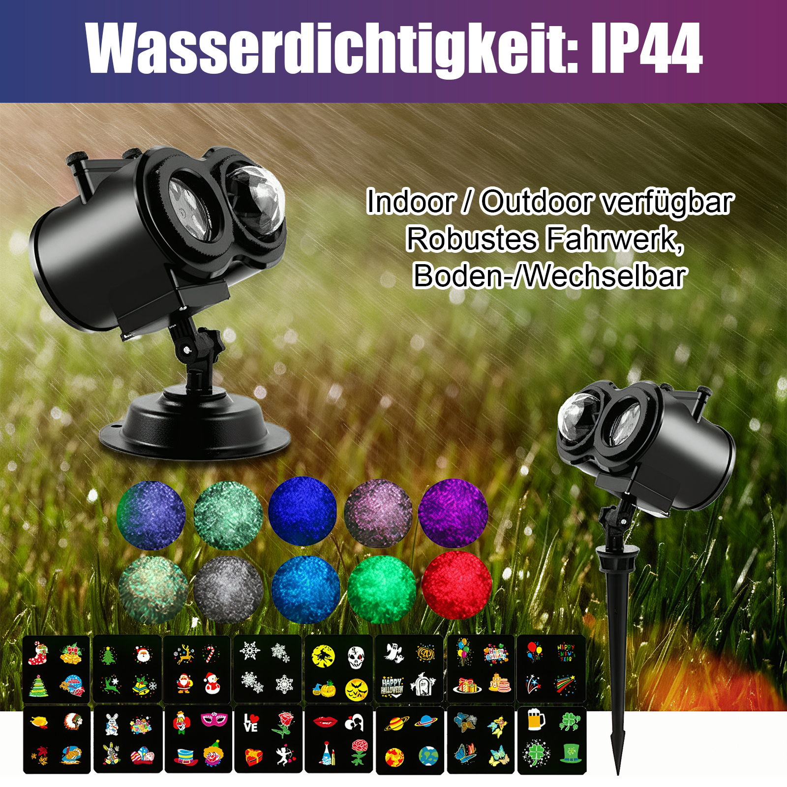 Schwarzer Projektor mit zwei Lichtern. Zeigt mehrfarbige Lichter. Mehrere Bilder mit Feiertagsmotiven sind unten. Grünes Gras im Hintergrund.