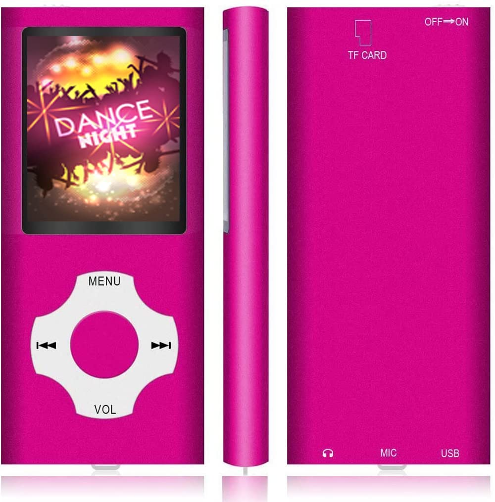 Ein pinkfarbener MP3-Player mit Bildschirm, der 'DANCE NIGHT' anzeigt. Funktionen umfassen Menü, Lautstärkeregler, TF-Kartensteckplatz und Ein-/Aus-Taste.