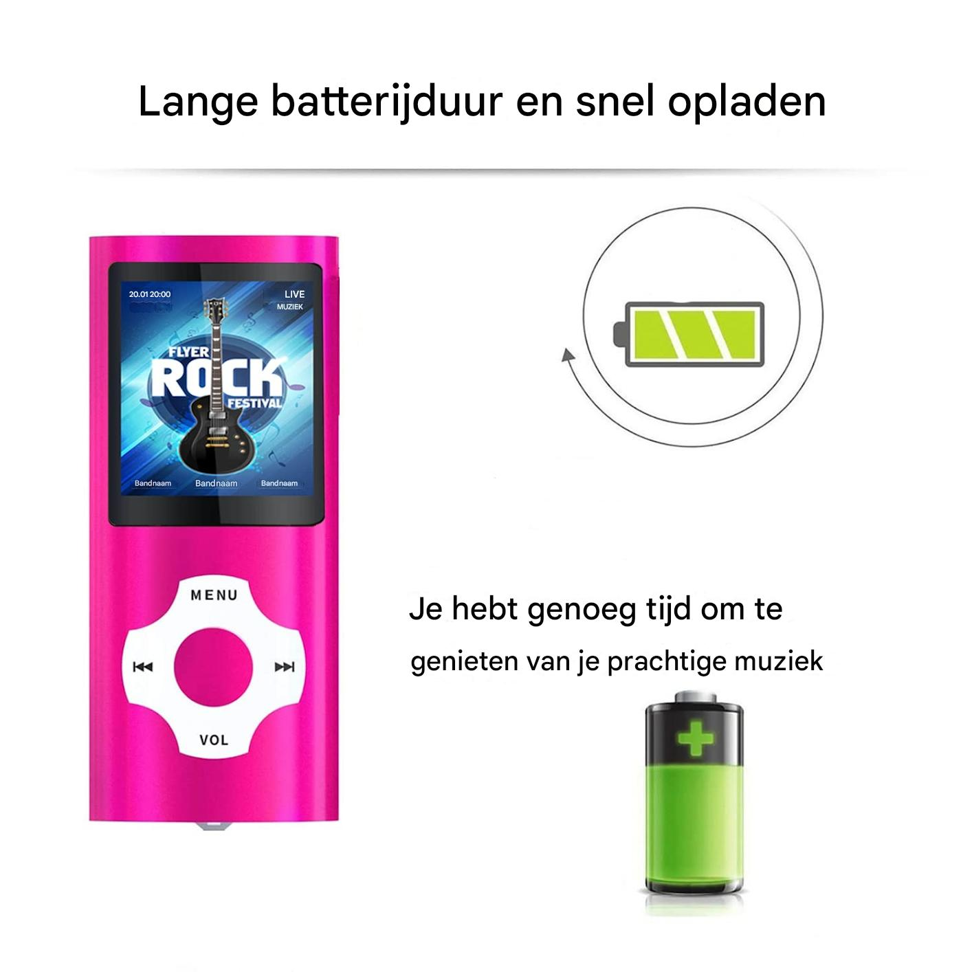 Pinkfarbener MP3-Player mit Bildschirm, der 'Rock Festival' anzeigt. Akkusymbol und Text über die Akkulaufzeit sind ebenfalls vorhanden.