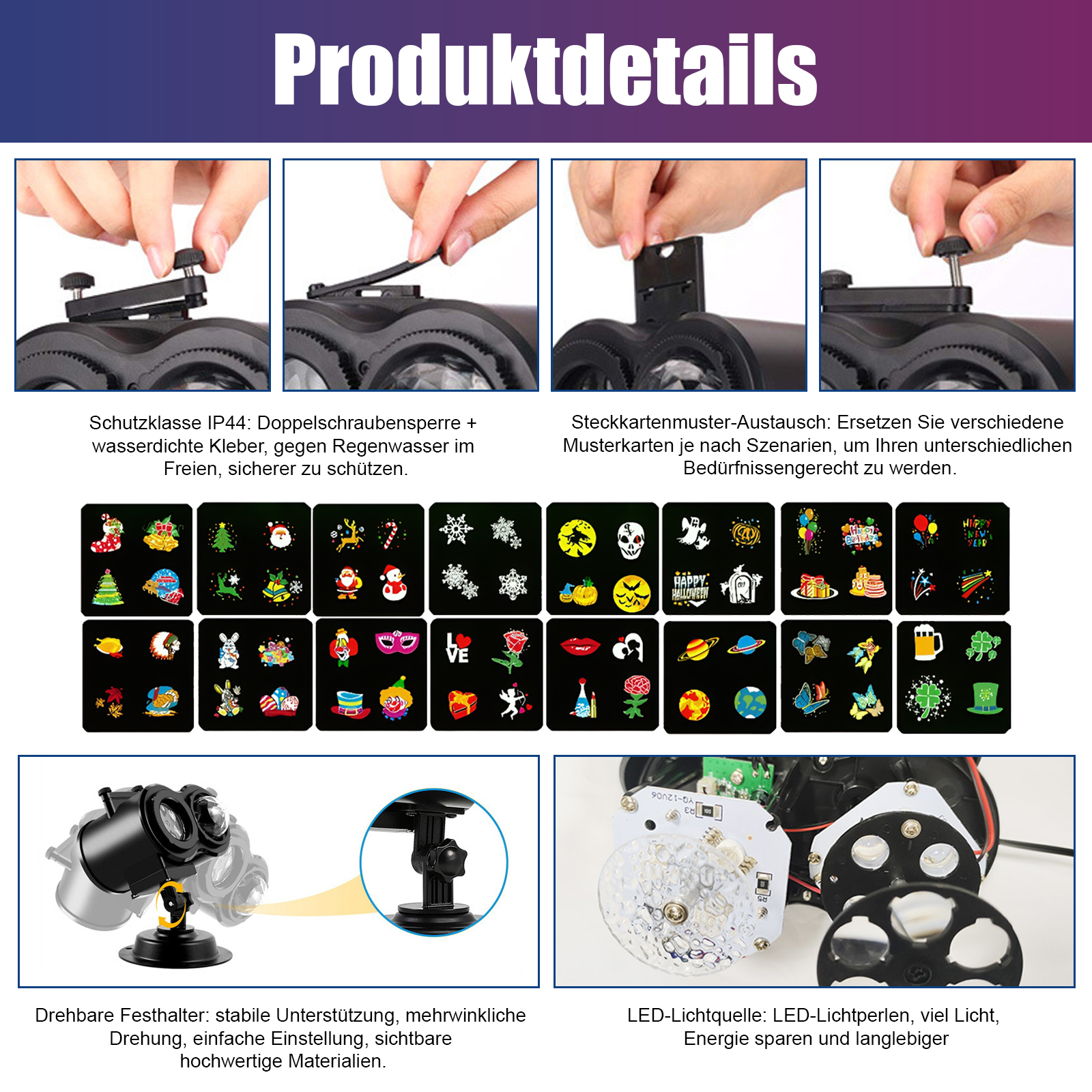 Produktdetails mit Nahaufnahmen der Merkmale eines Projektors, einschließlich eines Kartendesign-Austauschs und einer LED-Lichtquelle.