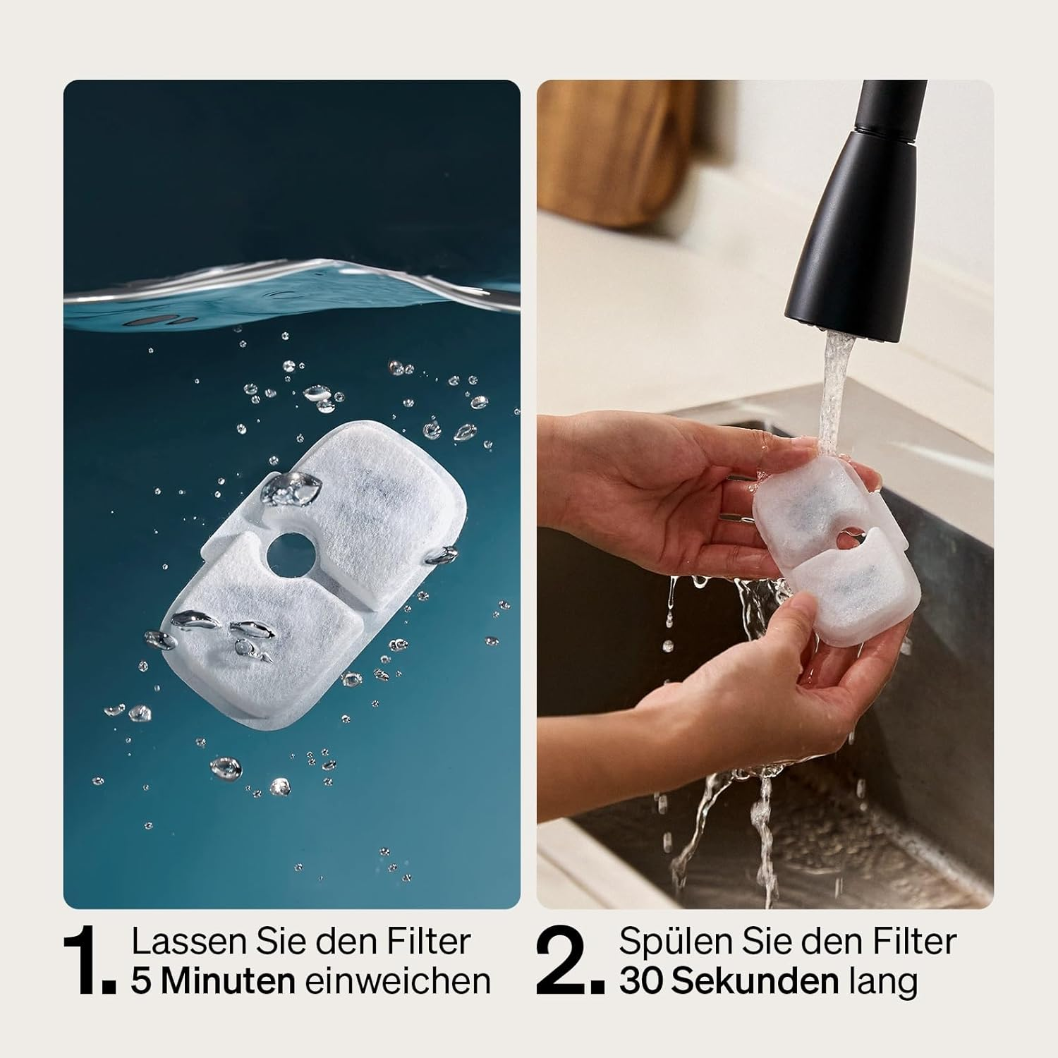 Das Bild zeigt zwei Schritte: Einweichen eines weißen Filters in Wasser und Abspülen unter einem Wasserhahn. Textanweisungen sind enthalten.