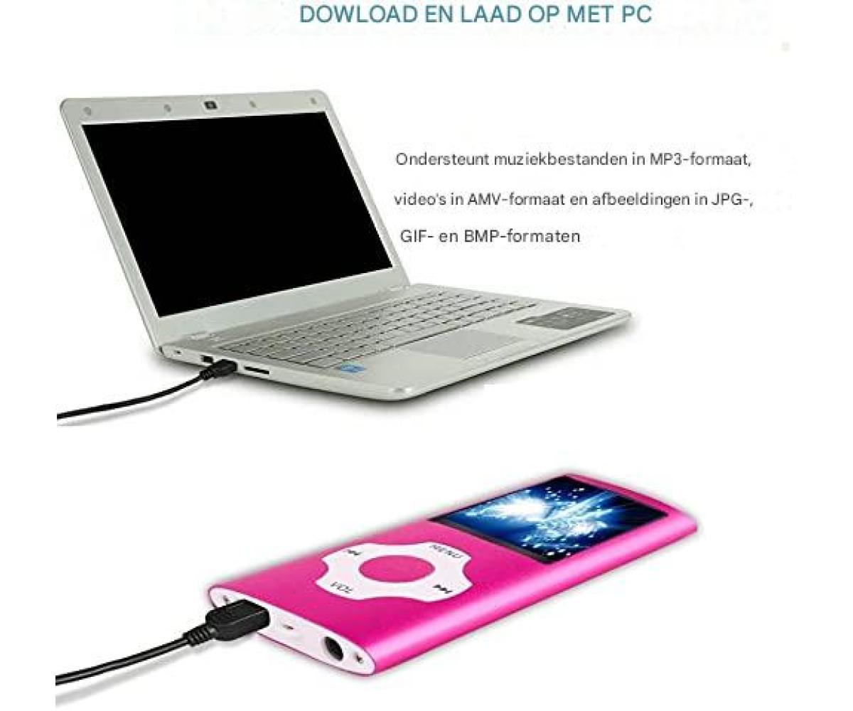 Ein Laptop ist mit einem pinkfarbenen MP3-Player verbunden. Der Bildschirm ist schwarz. Text oben: DOWLOAD EN LAAD OP MET PC.
