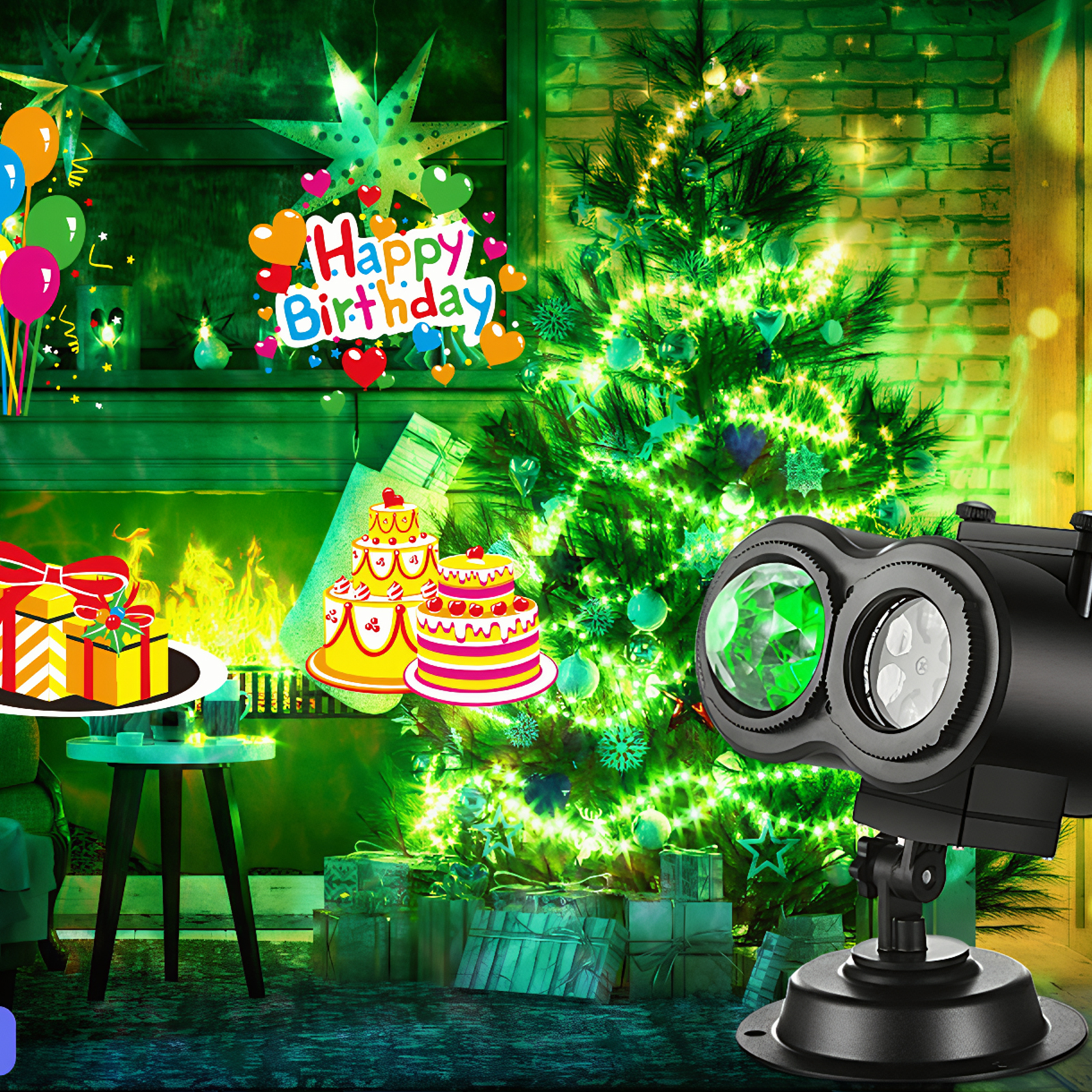 Festliche Szene mit Weihnachtsbaum, Geburtstagsbanner, Kuchen, Geschenken und einem grünen Lichtprojektor.
