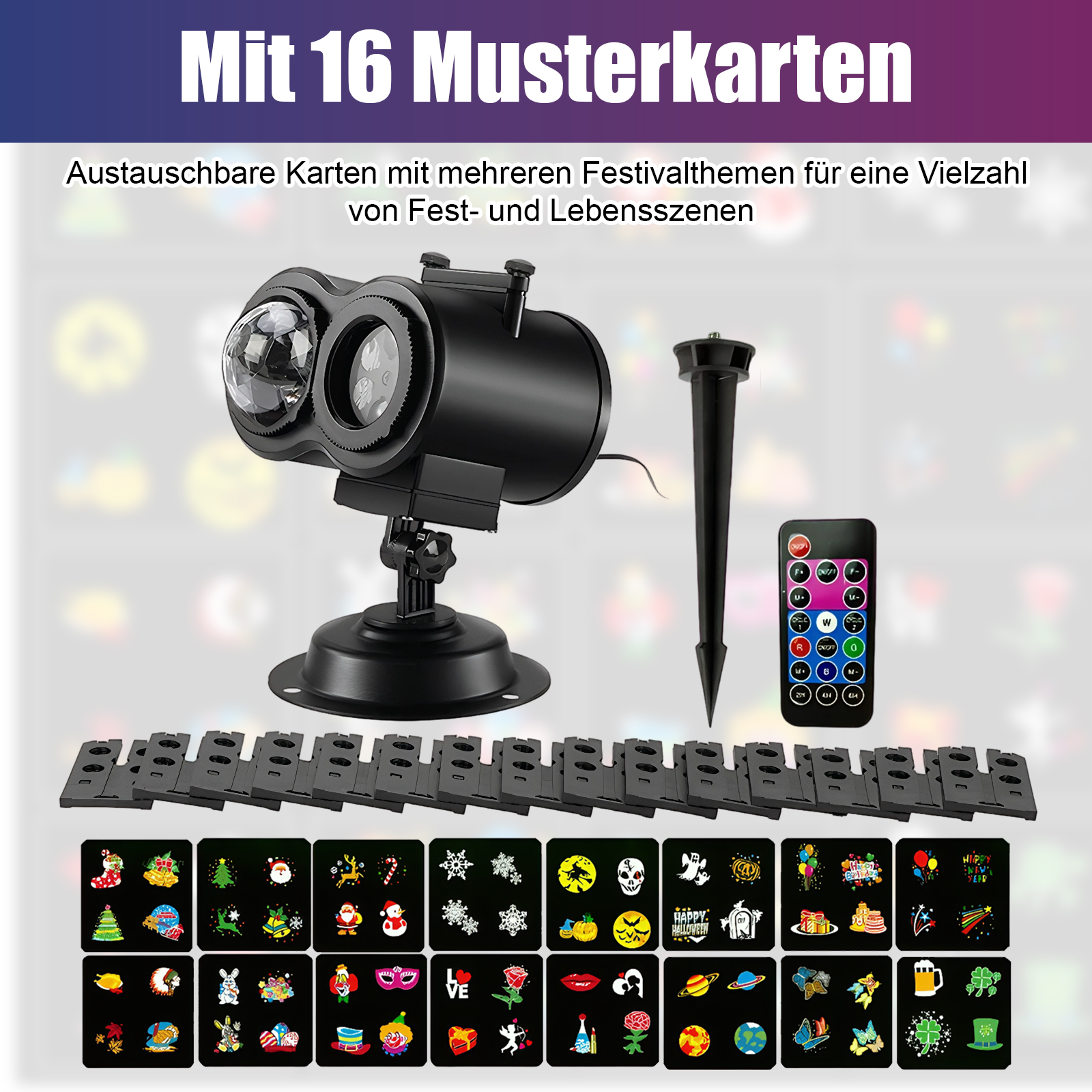 Schwarzer Projektor mit austauschbaren Dias. Enthält Fernbedienung, Pfahl und verschiedene Dias mit Feiertagsmotiven.