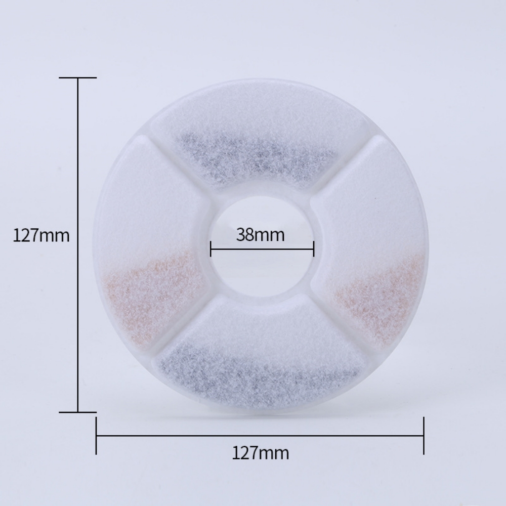 Ein weißer kreisförmiger Filter mit vier Abschnitten aus verschiedenen Materialien. Abmessungen: 127 mm, 38 mm, 127 mm.