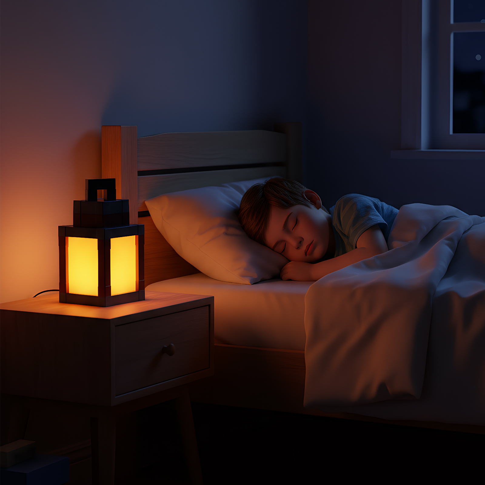 Ein Junge schläft in einem Bett mit einer beleuchteten Lampe auf dem Nachttisch. Der Raum ist schwach beleuchtet, ein Fenster ist sichtbar.