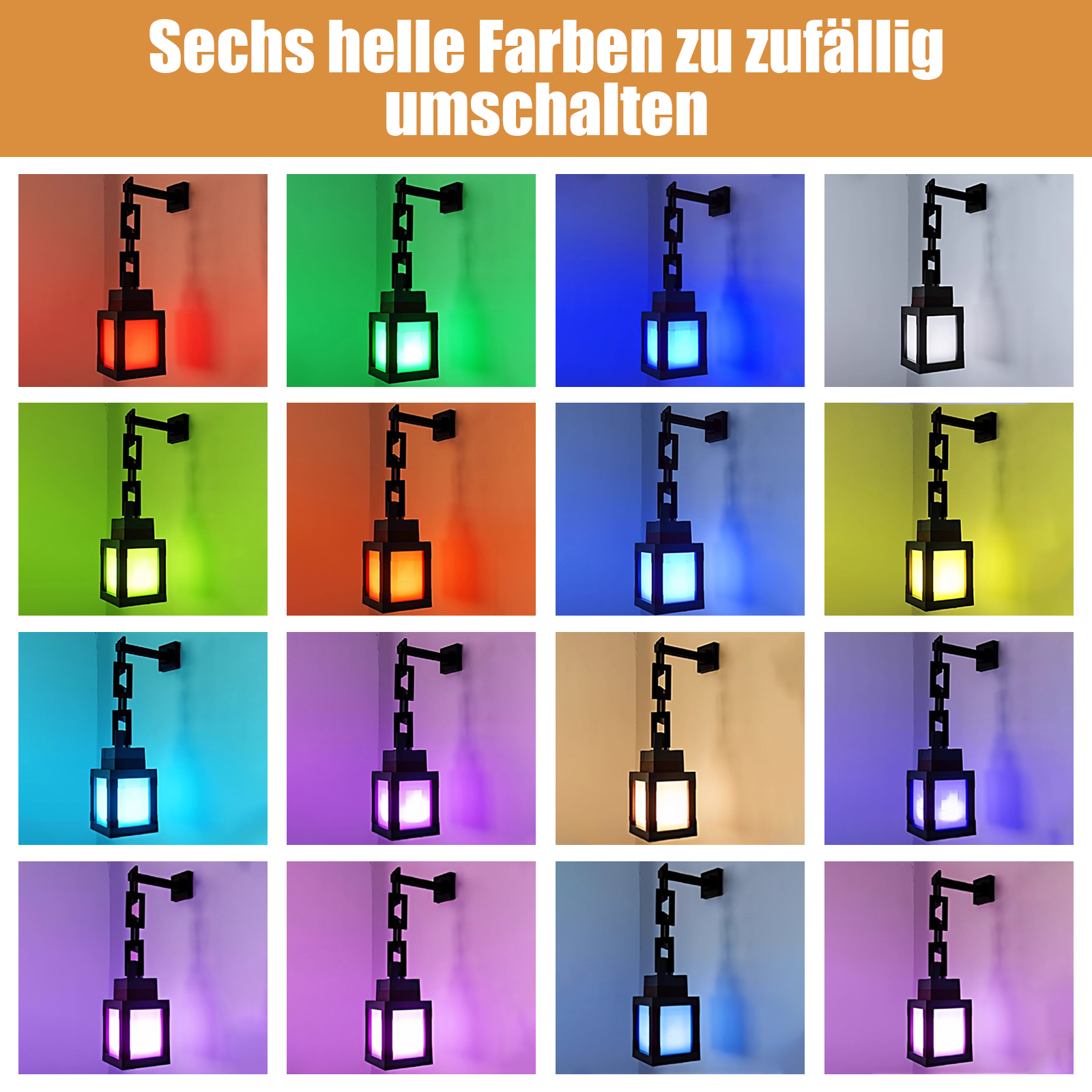 Das Bild zeigt 16 Wandlampen mit wechselnden Farben. Jede Lampe hat einen schwarzen Rahmen, Kette und Licht.