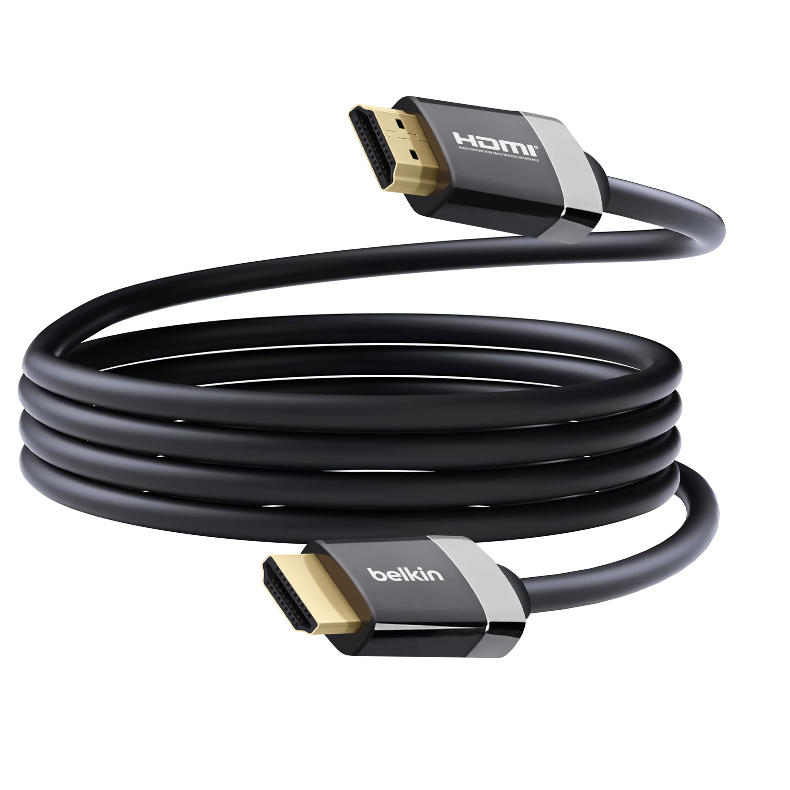 Cavo HDMI nero, arrotolato, con connettori dorati. Un connettore mostra "HDMI" e l'altro "belkin".