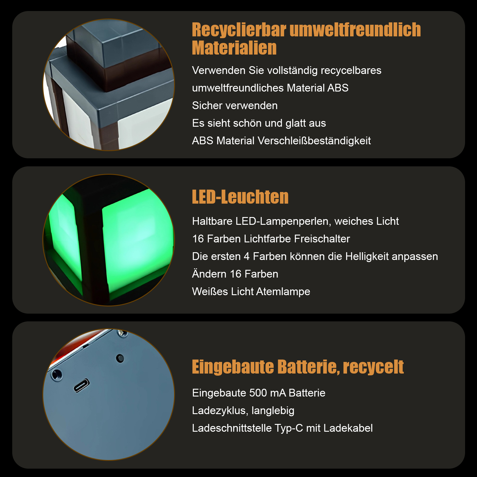 Bild mit Text über recycelbare Materialien, LED-Leuchten und einen eingebauten Akku. Enthält Diagramme und Produktinformationen.