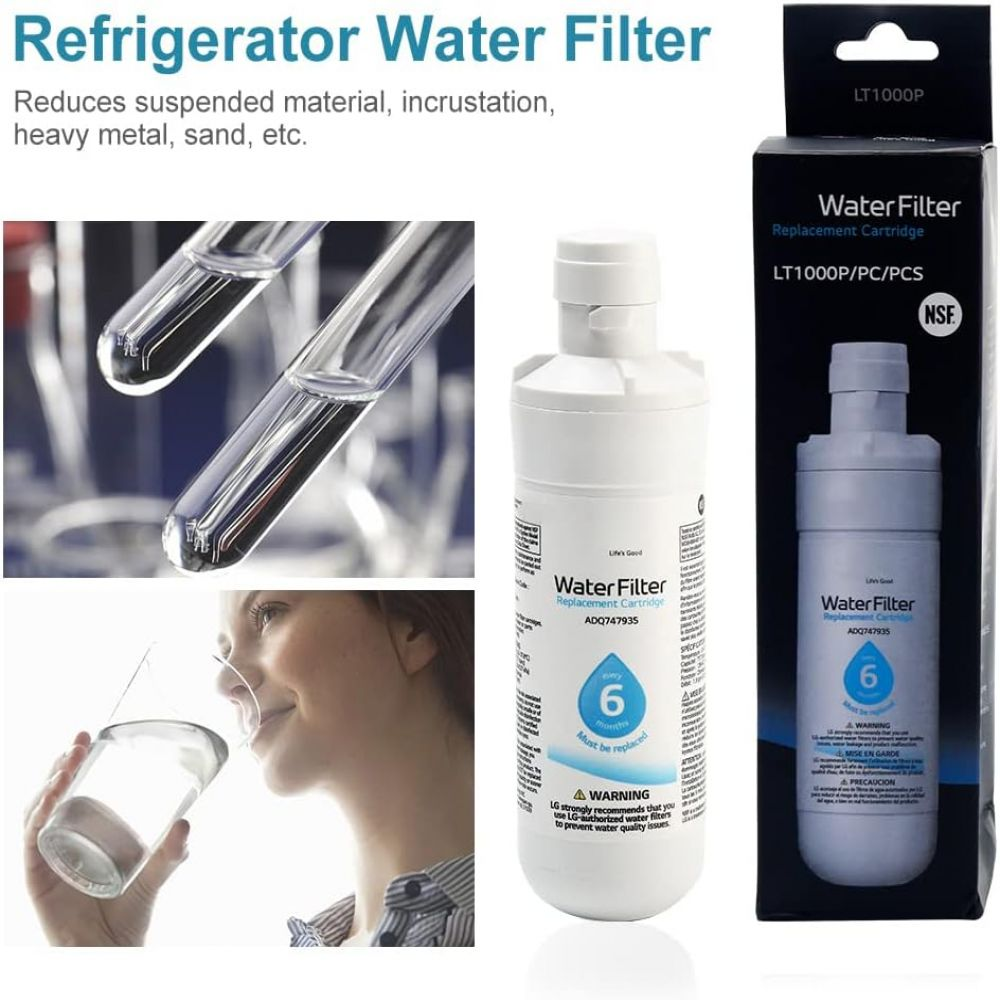 Das Bild zeigt einen Kühlschrank-Wasserfilter mit Text und eine Frau, die Wasser trinkt. Enthält den Filter und eine Box.