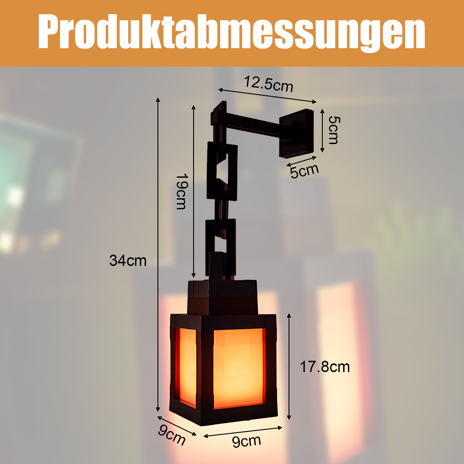 Schwarze Wandleuchte mit orangefarbenem Schein, Abmessungen beschriftet. Text oben: 'Produktabmessungen'.