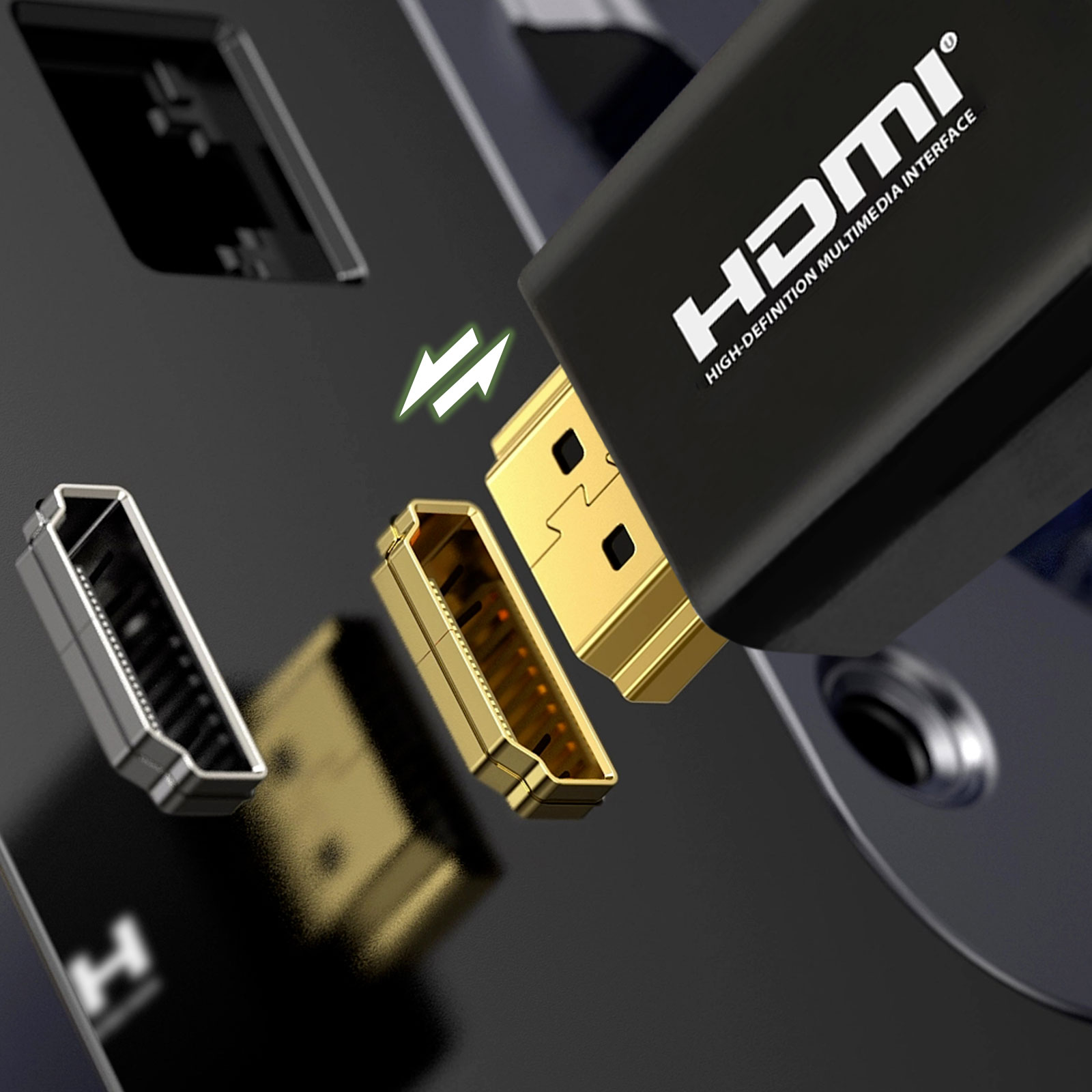 Un cavo HDMI viene inserito in un dispositivo. Il cavo è nero con il logo HDMI. La porta è dorata.