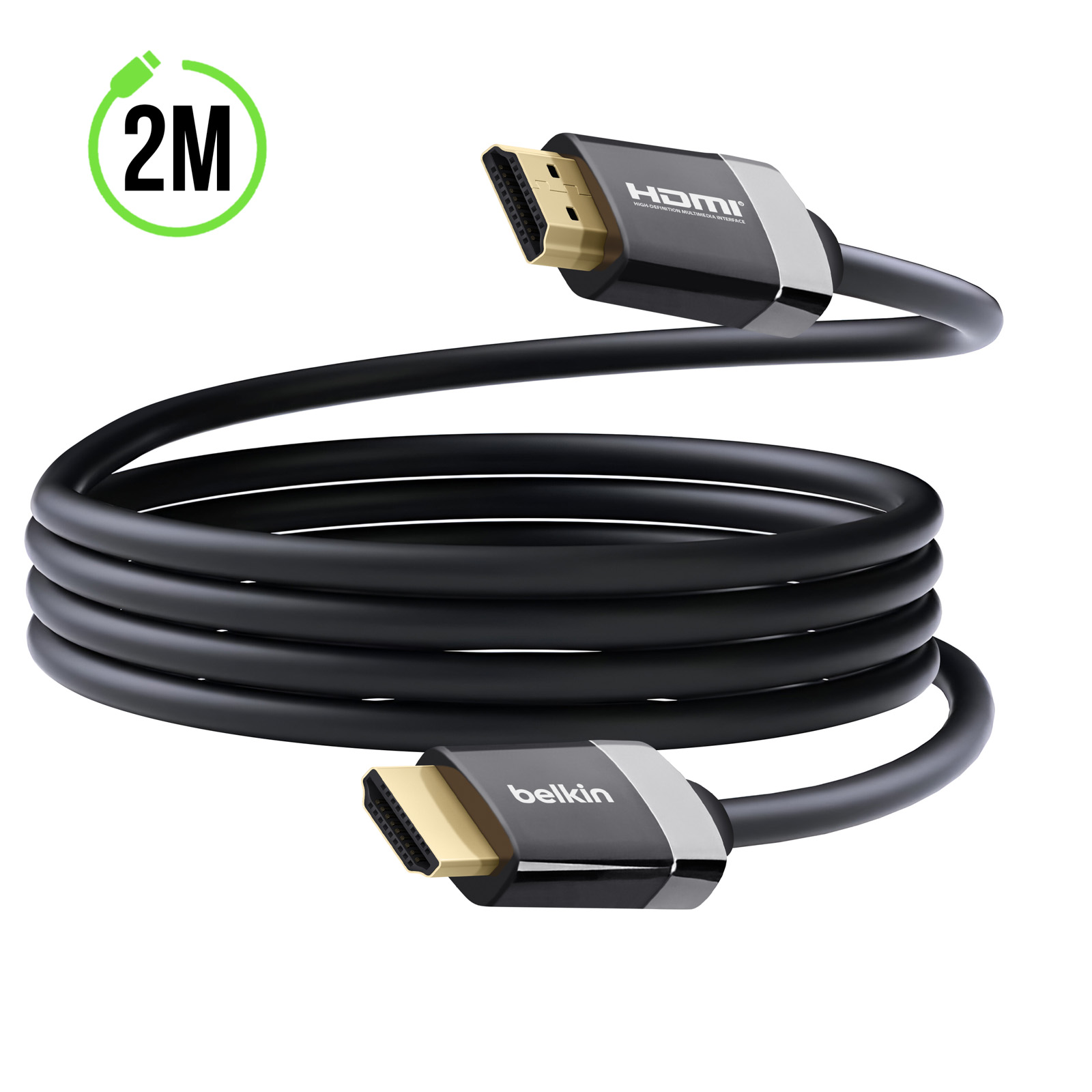 Cavo HDMI nero con connettori dorati e sfondo bianco. Il cavo è lungo 2 metri, con loghi Belkin e HDMI.