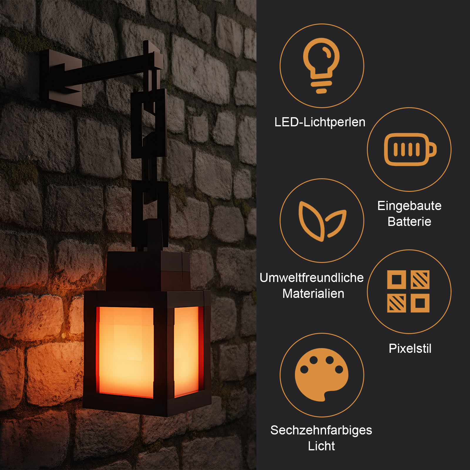 Eine schwarze Laterne mit orangefarbenem Licht hängt an einer Steinmauer. Merkmale sind LED, Batterie, umweltfreundlich, Pixelstil und Farbe.