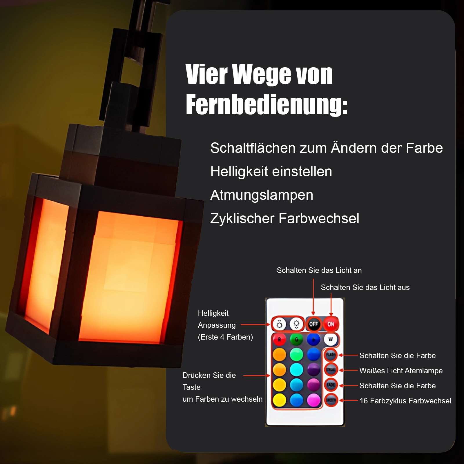 Eine leuchtende Laterne mit einer Fernbedienung. Text beschreibt Farbwechsel, Helligkeit und andere Lichtfunktionen.