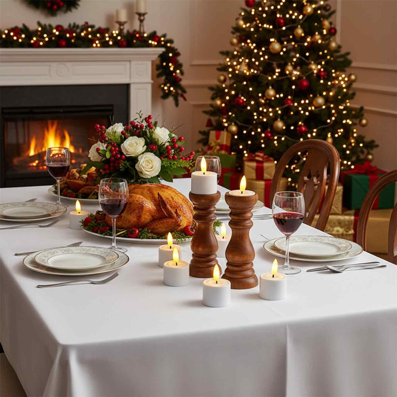 Festlich gedeckter Weihnachtstisch. Gebratene Pute, brennende Kerzen und ein geschmückter Baum sind sichtbar.