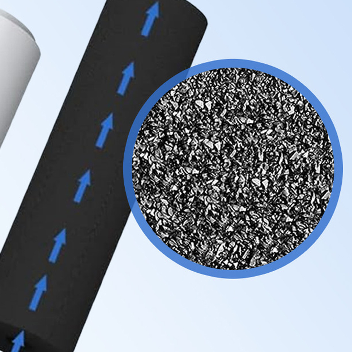 Das Bild zeigt ein schwarzes zylindrisches Objekt mit blauen Pfeilen nach oben und eine Nahaufnahme von Holzkohlegranulat in einem blauen Kreis.