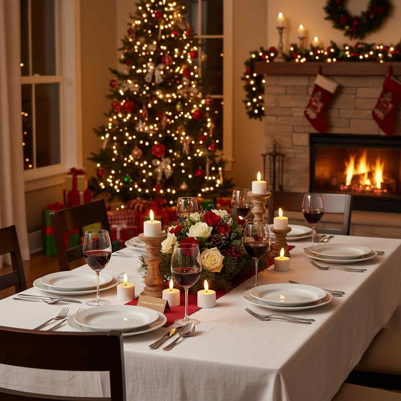 Festliche Weihnachtsszene. Tisch mit Wein, Kerzen und Blumengesteck. Weihnachtsbaum und Kamin im Hintergrund.