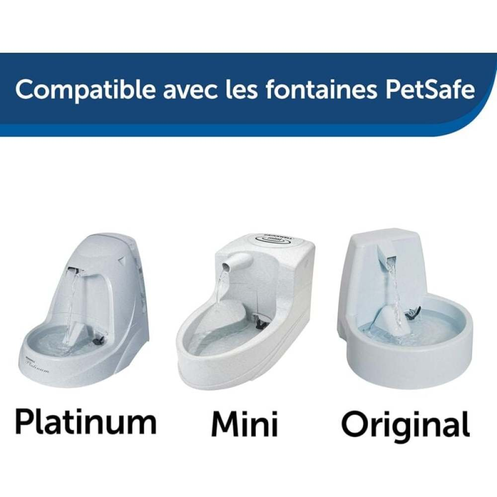 Das Bild zeigt drei PetSafe-Trinkbrunnen: Platinum, Mini und Original. Jeder weiße Brunnen hat fließendes Wasser, mit dem Namen darunter.