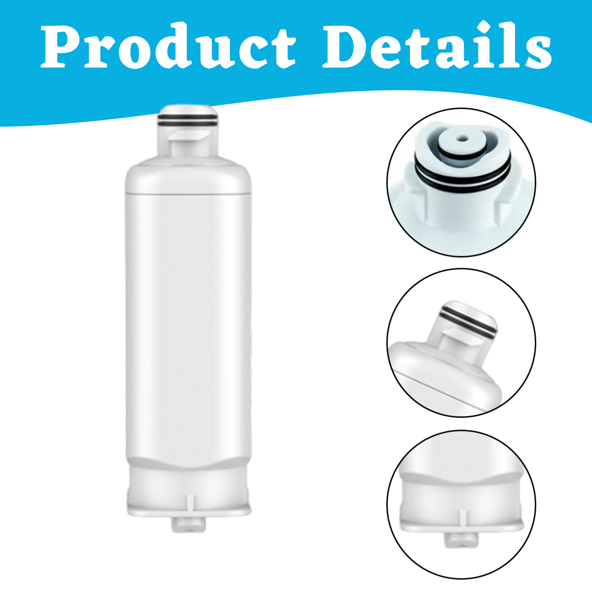 Das Bild zeigt einen weißen Wasserfilter. Details umfassen Ansichten von oben, schräg und unten. Text 'Produktdetails' steht oben.
