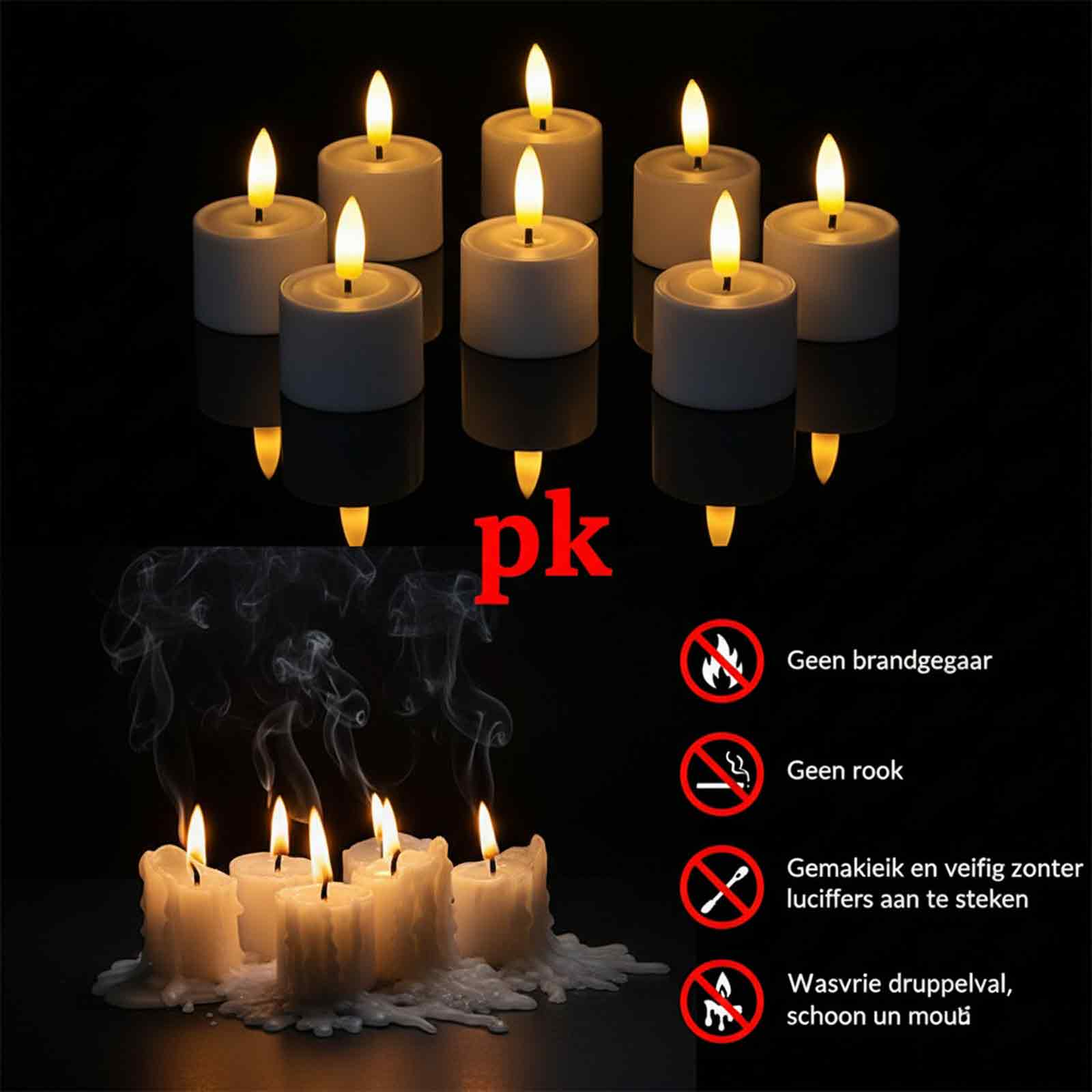 Neun weiße Kerzen mit flackernden gelben Flammen auf dunkler Oberfläche. Symbole für kein Feuer, kein Rauch und sichere Verwendung.