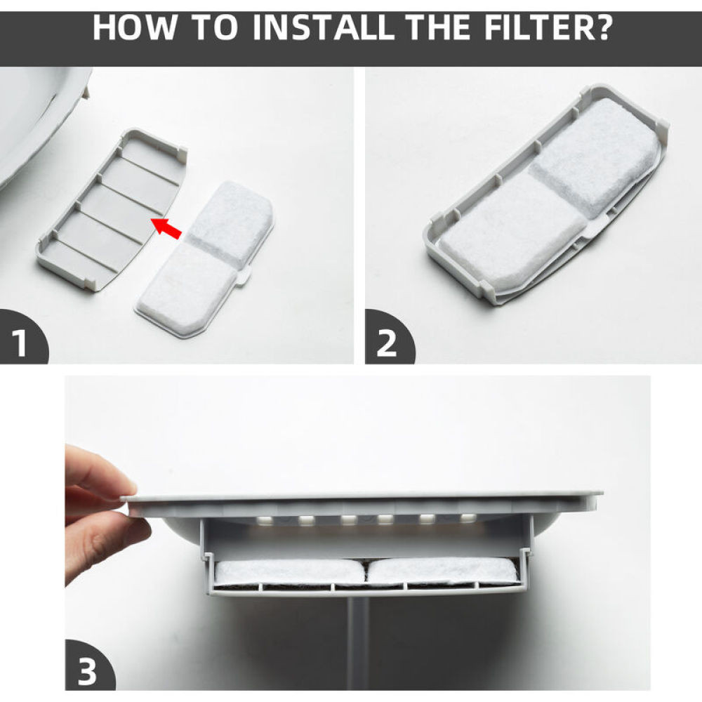 Schritte zum Einsetzen eines Filters: Teile trennen, Filter einsetzen und zusammenbauen. Anweisungen sind mit 1, 2 und 3 nummeriert.