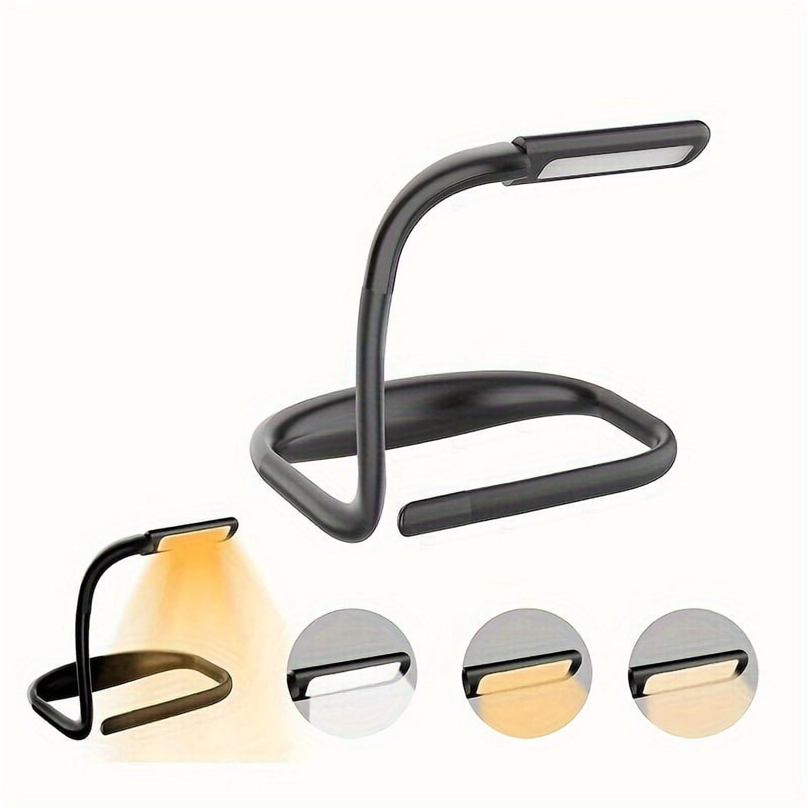 Schwarze Schreibtischlampe mit gebogenem Arm und rechteckigem Licht. Mehrere Beispiele für Lichteinstellungen sind gezeigt.