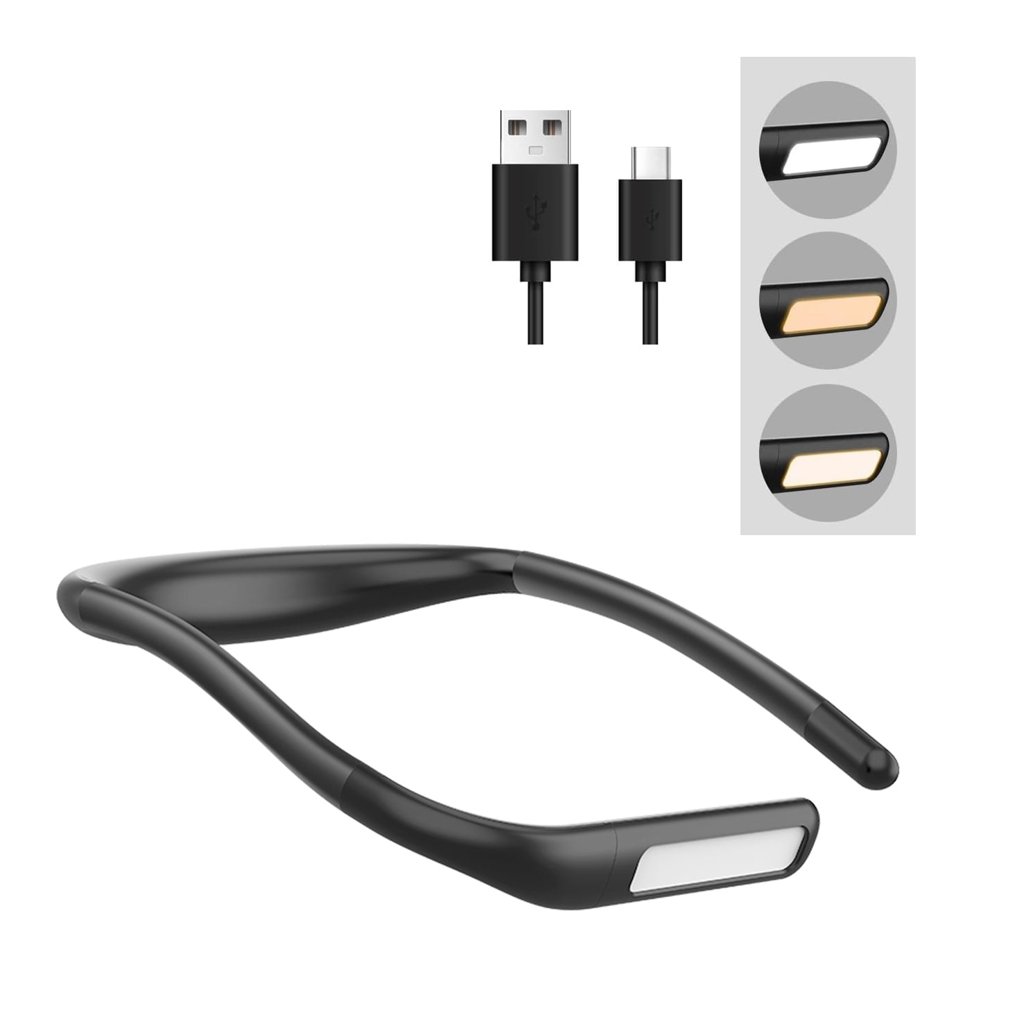 Eine schwarze Nackenleselampe mit USB- und Typ-C-Kabeln und Lichtmodi: Weiß, Warmweiß und Gelb.