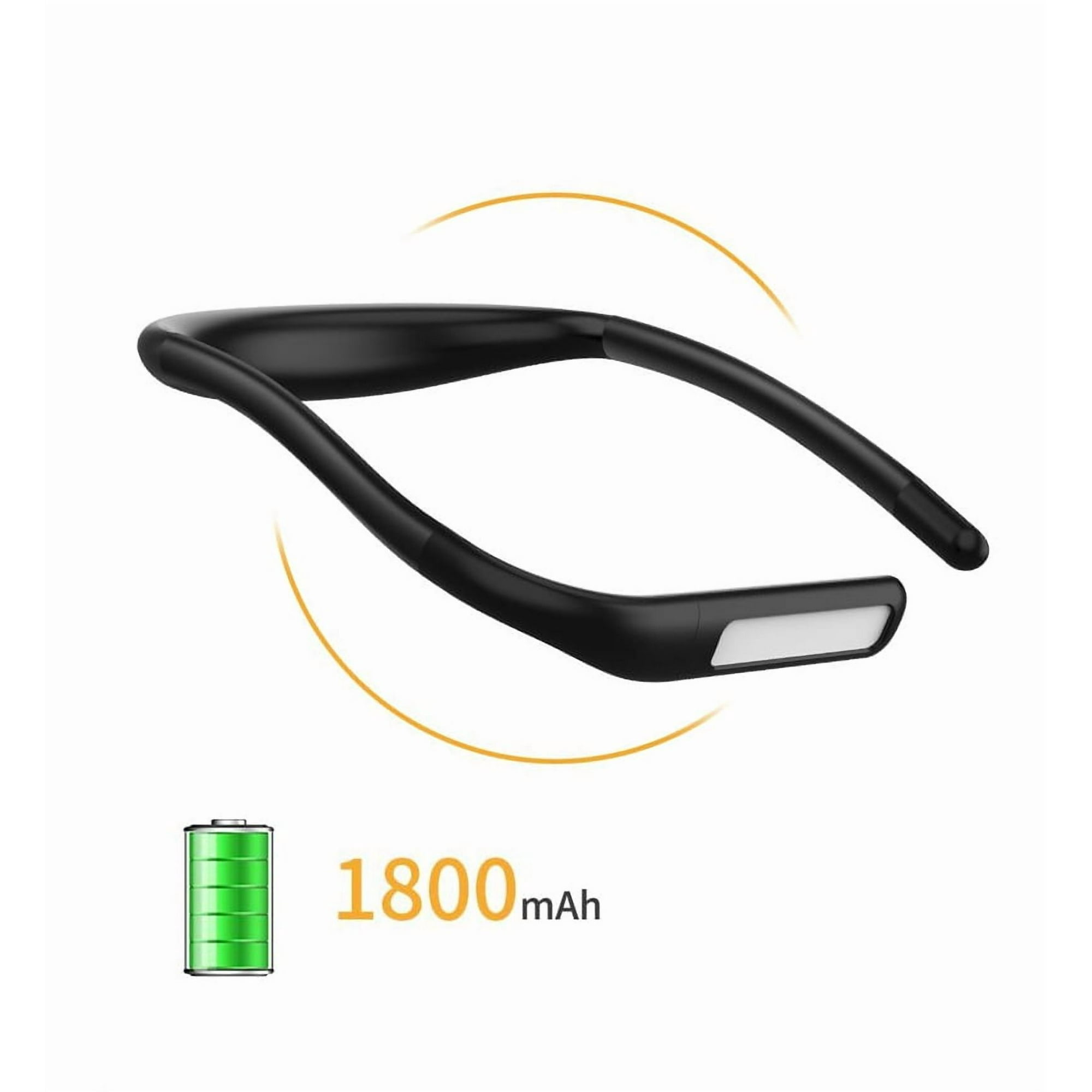 Eine schwarze Nackenleuchte mit weißem Licht. Ein Batteriesymbol und Text 1800mAh sind links.