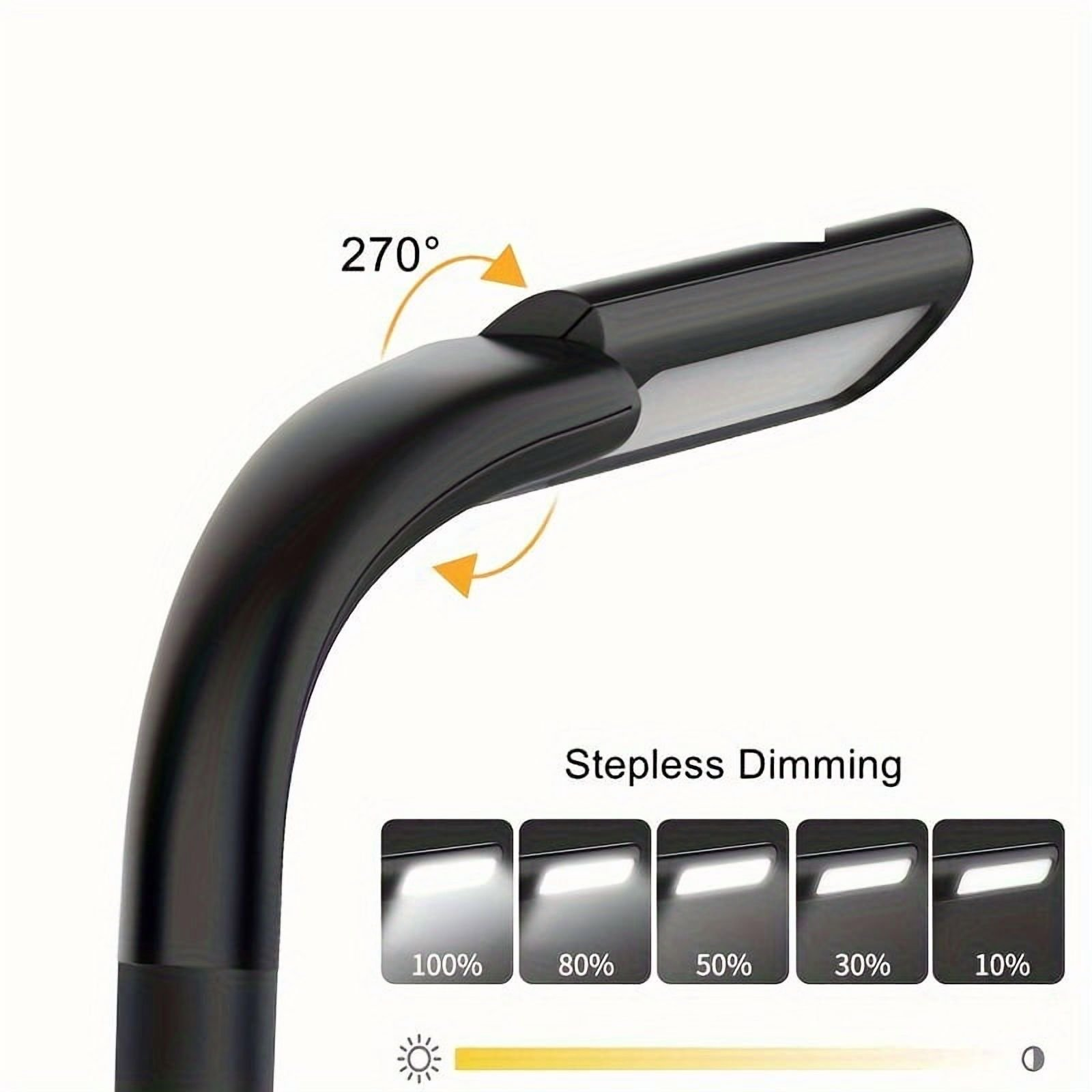 Eine schwarze Schreibtischlampe mit stufenlosen Dimmoptionen. Der Lampenkopf dreht sich um 270 Grad. Dimmoptionen sind 10-100%.