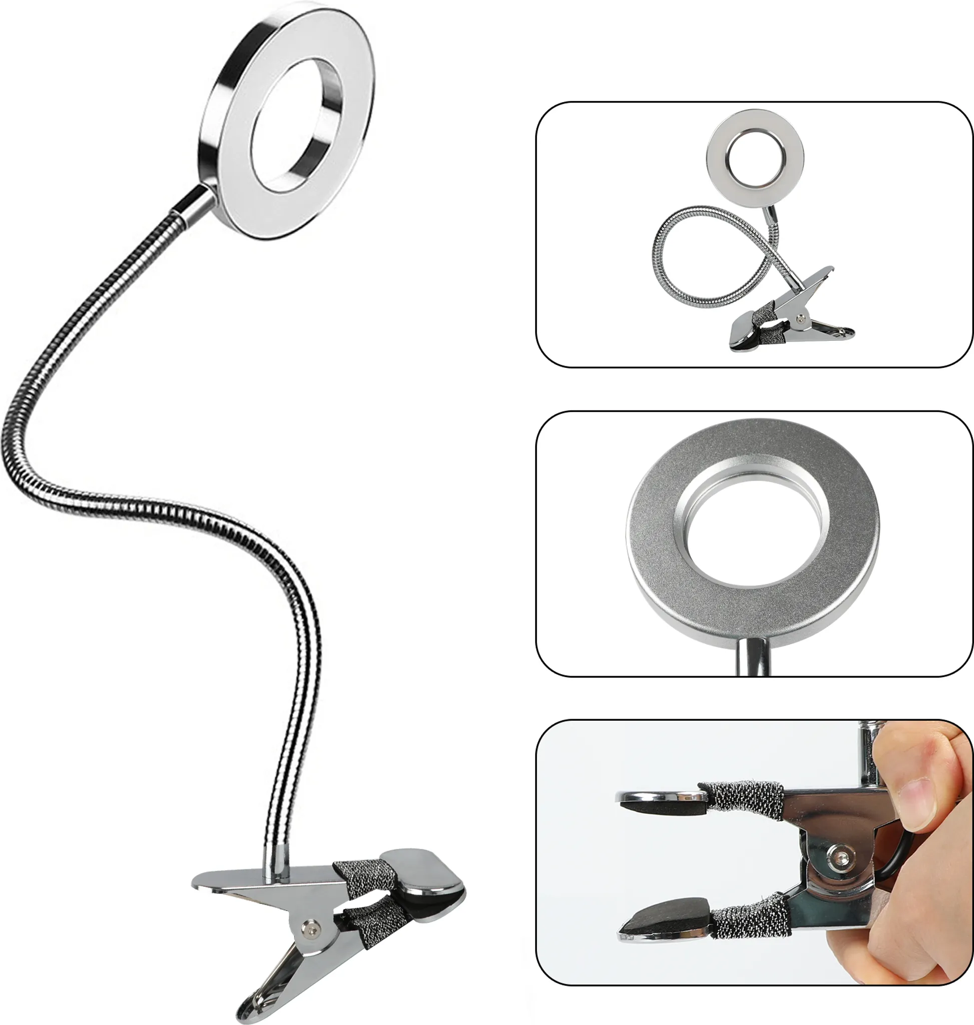 Eine flexible, silberne Schreibtischlampe mit kreisförmigem Licht. Sie hat einen Clip-Sockel und befindet sich auf weißem Grund.