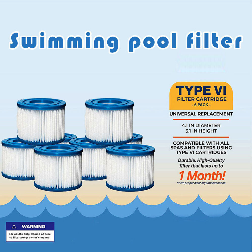Das Bild zeigt Poolfilter mit blauen Rändern und weißem Filter. Textdetails 'Typ VI' und '1 Monat' Lebensdauer.