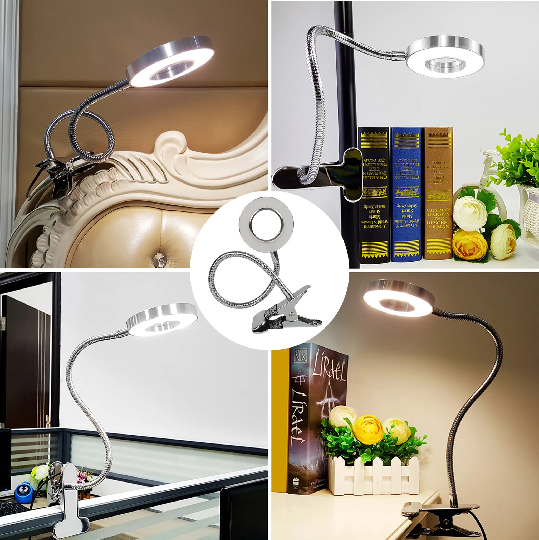 Eine flexible, silberne Schreibtischlampe mit kreisförmigem Licht ist in verschiedenen Umgebungen an Oberflächen befestigt.