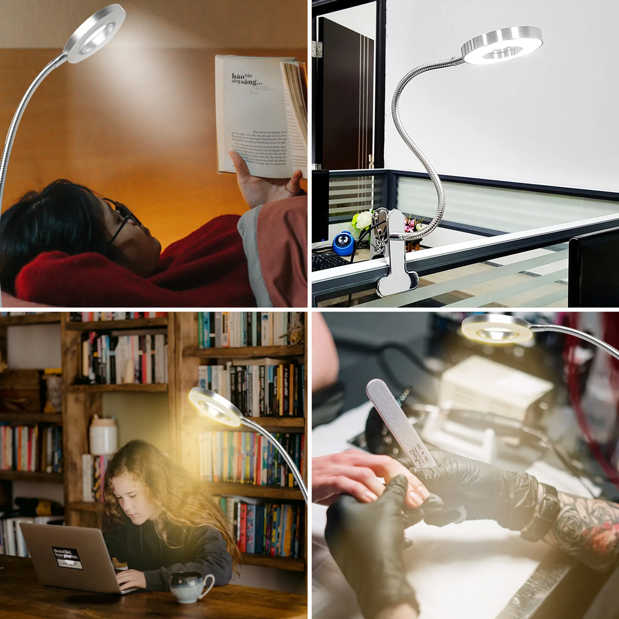 Vier Bilder zeigen eine Schreibtischlampe in verschiedenen Umgebungen. Eine Person liest, eine andere benutzt sie am Schreibtisch.