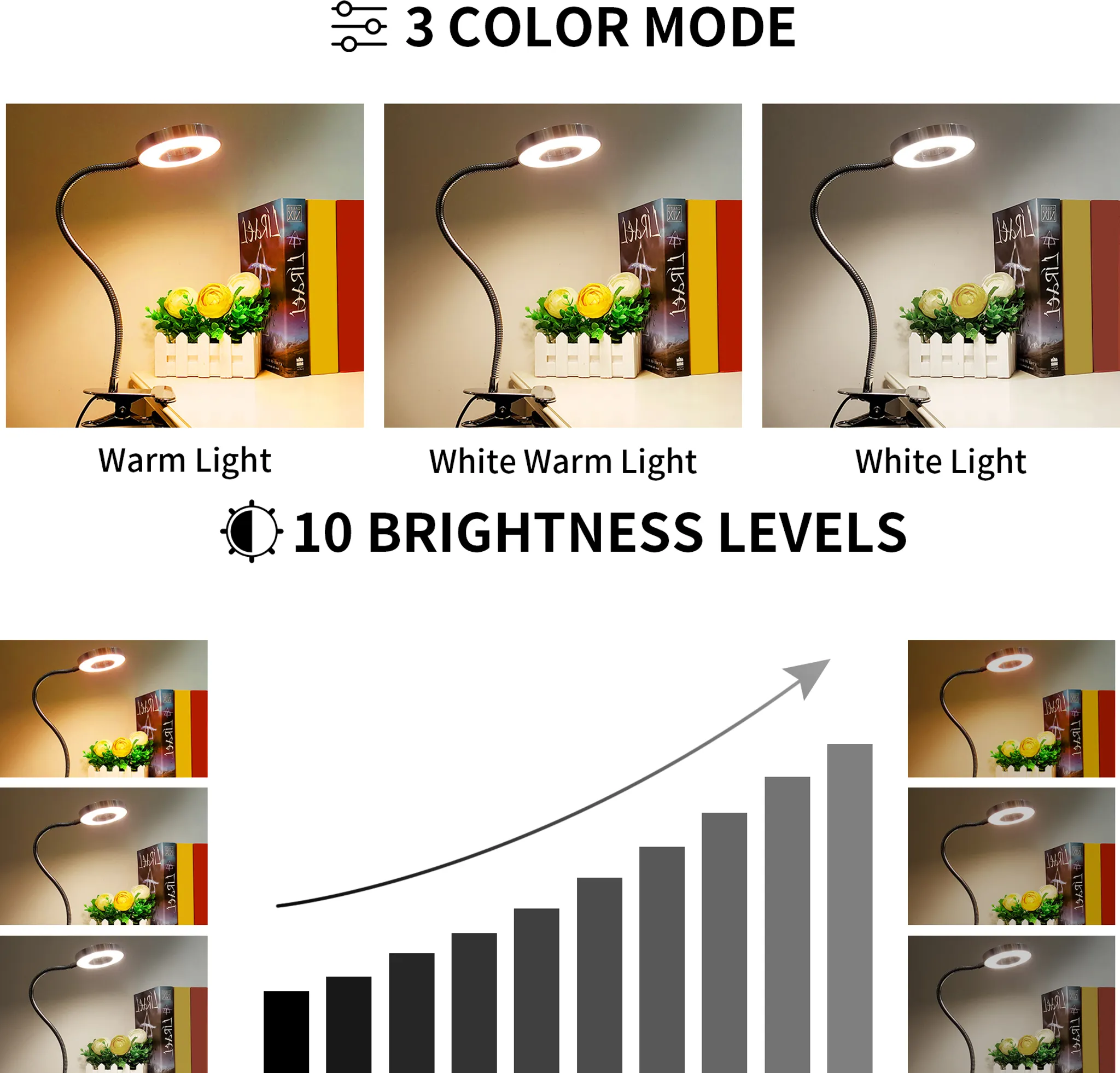 Das Bild zeigt eine Schreibtischlampe mit 3 Farbmodi und 10 Helligkeitsstufen. Die Lampe steht neben Büchern und Blumen.