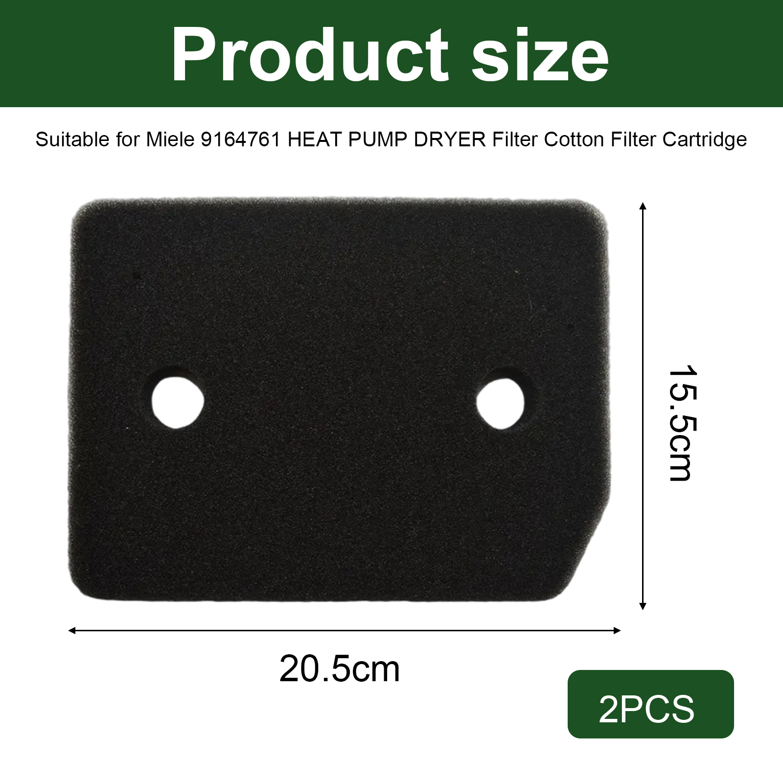 Schwarzer rechteckiger Filter mit zwei Löchern, Abmessungen beschriftet. Text: Produktgröße, 2 Stück.