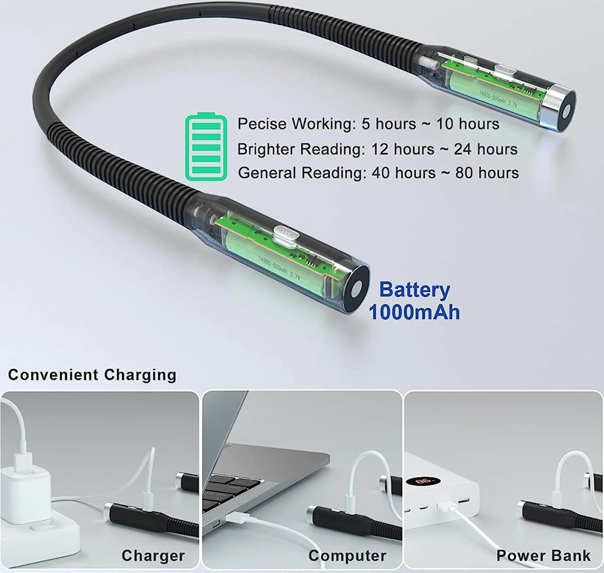 Eine flexible Leselampe mit Akkulaufzeitdetails. Zeigt das Aufladen über Ladegerät, Computer und Powerbank.