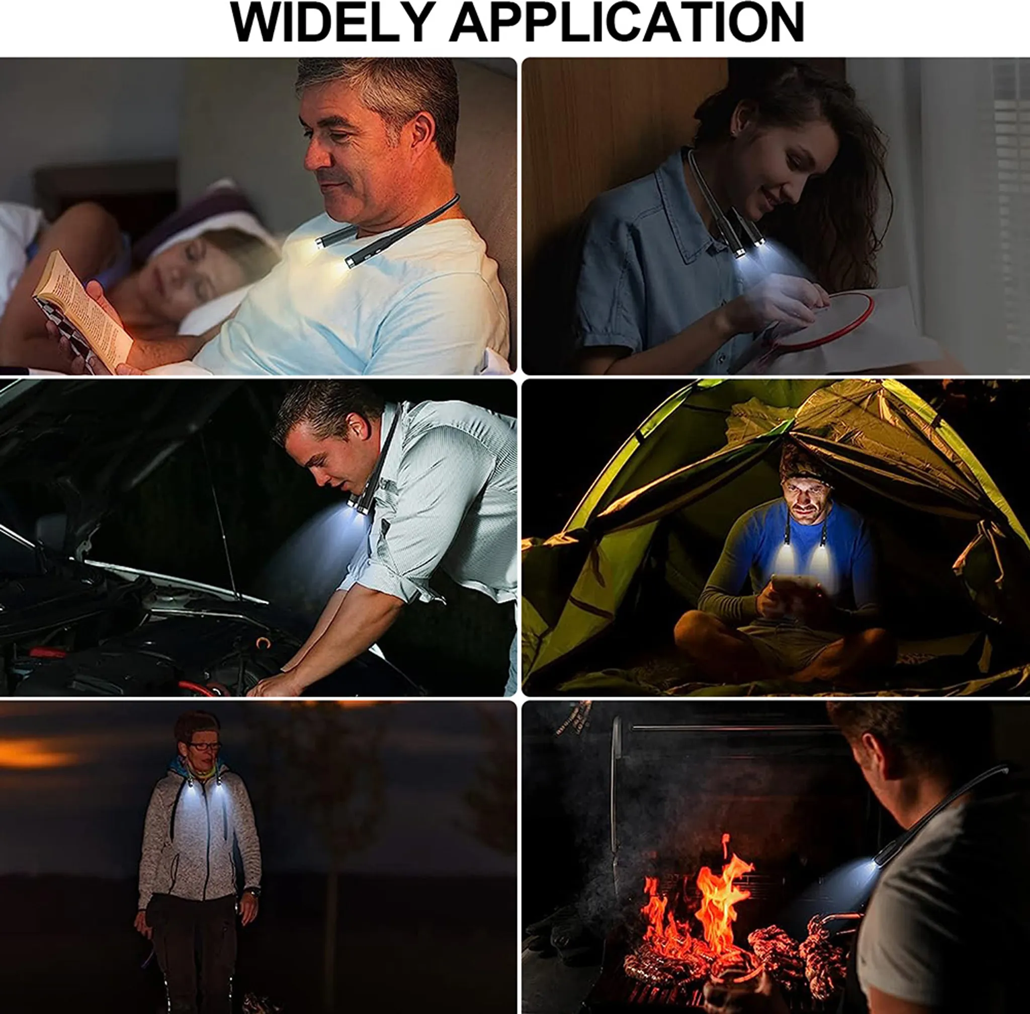Collage von Personen, die Nackenlichter verwenden. Szenen umfassen Lesen, Basteln, Arbeiten an einem Auto, Camping, Gehen und Grillen.
